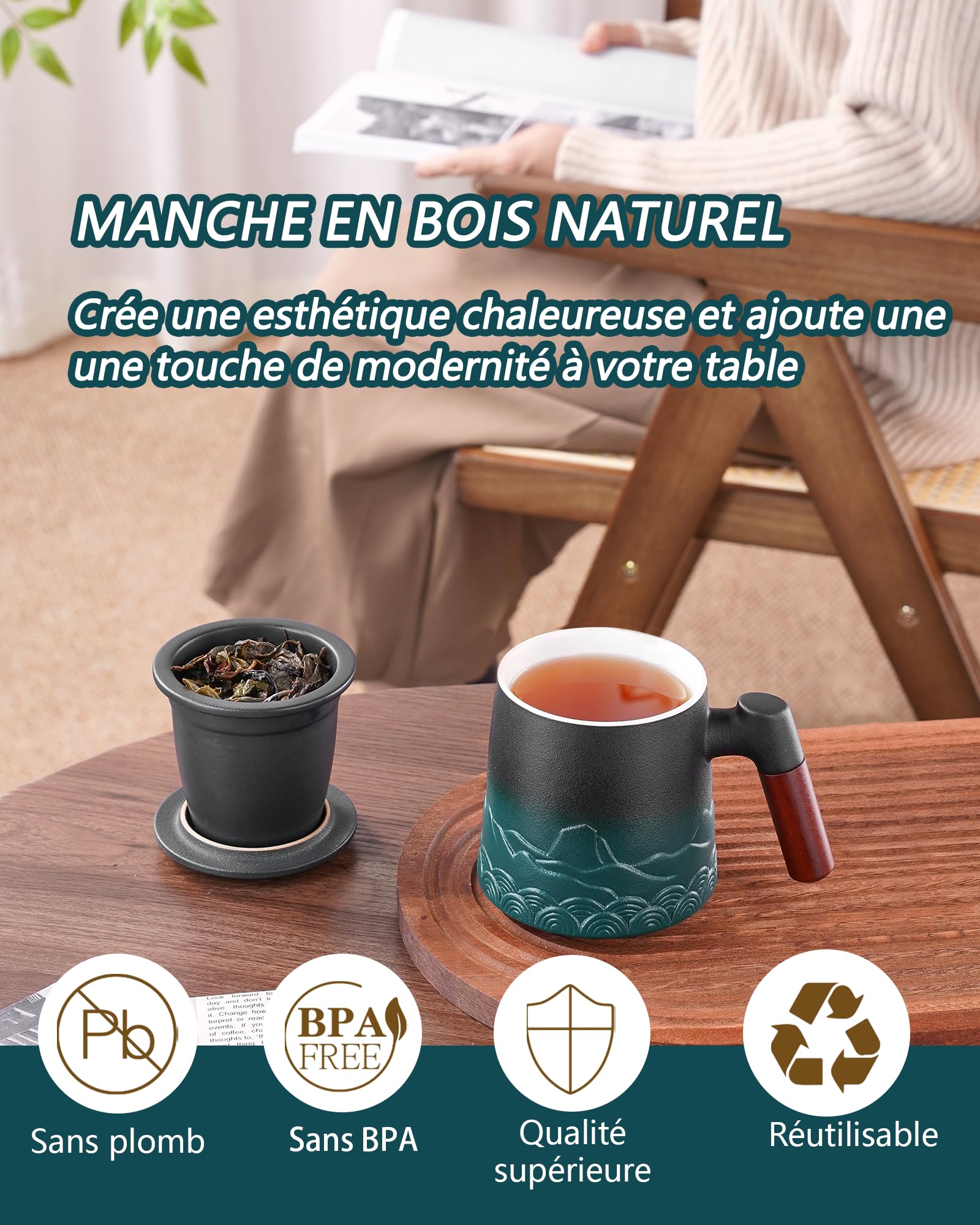 ZENS - Taza de té con infusor y tapa (500 ml), taza de cerámica con relieve para té de hojas con filtro fino, verde oscuro con mango de madera, difusor para té caliente