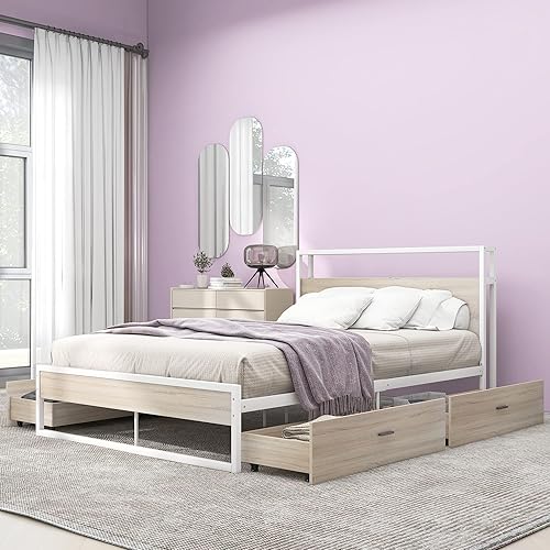 Marco de cama de plataforma de metal de tamaño matrimonial con puertos USB cuatro cajones cabecera y estrio no necesita somier color blanco