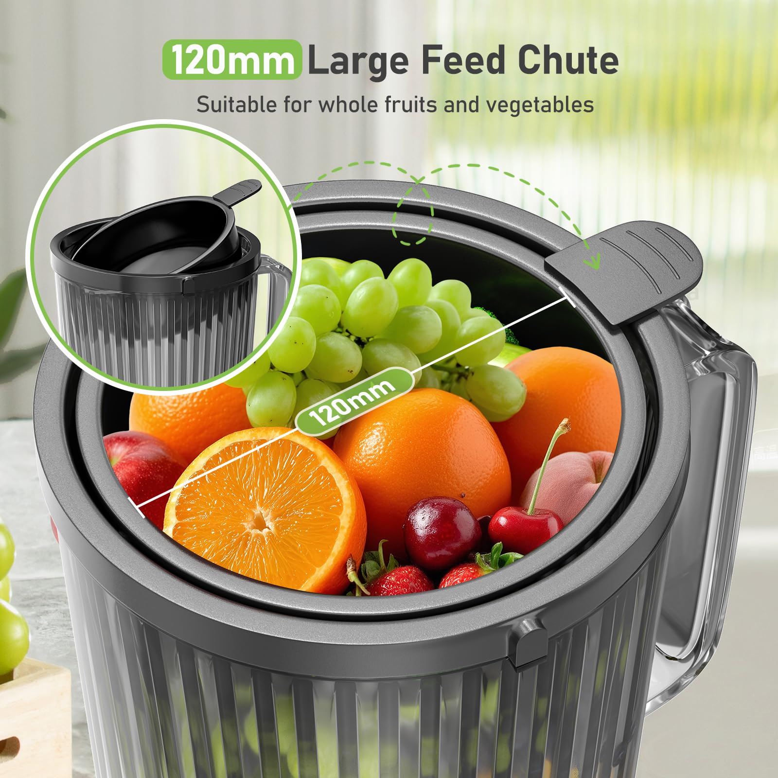 Extractor de Zumo Profesional 120mm, Exprimidor Eléctrico Lento 65RPM con Tritan(Libre de BPA), Slow Juicer 2.3L de Gran Capacidad para Frutas y Verduras - Máximo Nutriente, Incluye Cepillo