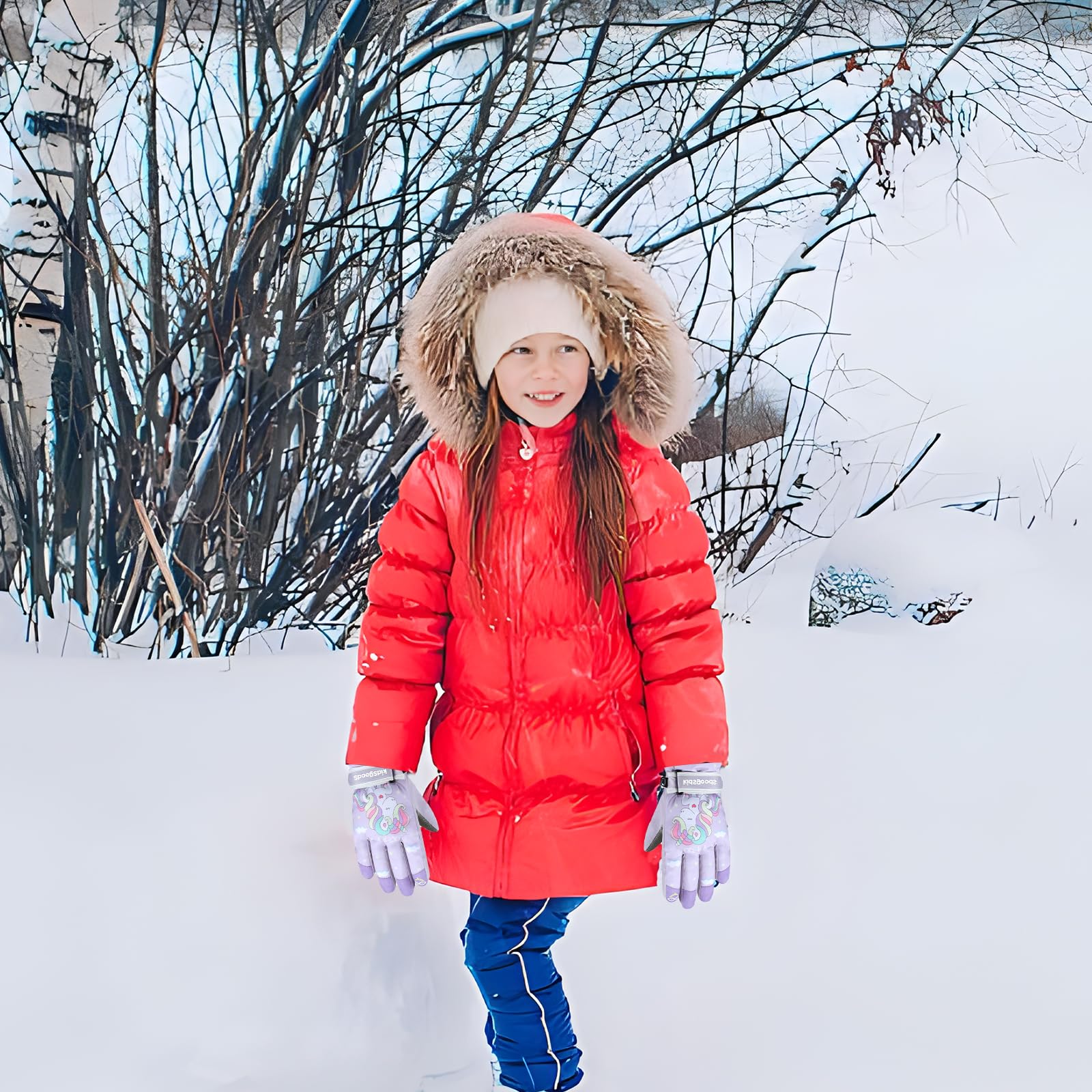Gants de ski imperméables pour enfants - Motif licorne - Pour l'hiver - Chaudes - Antidérapantes - Coupe-vent - Pour le snowboard - Course à pied - Randonnée - Ski - Cyclisme