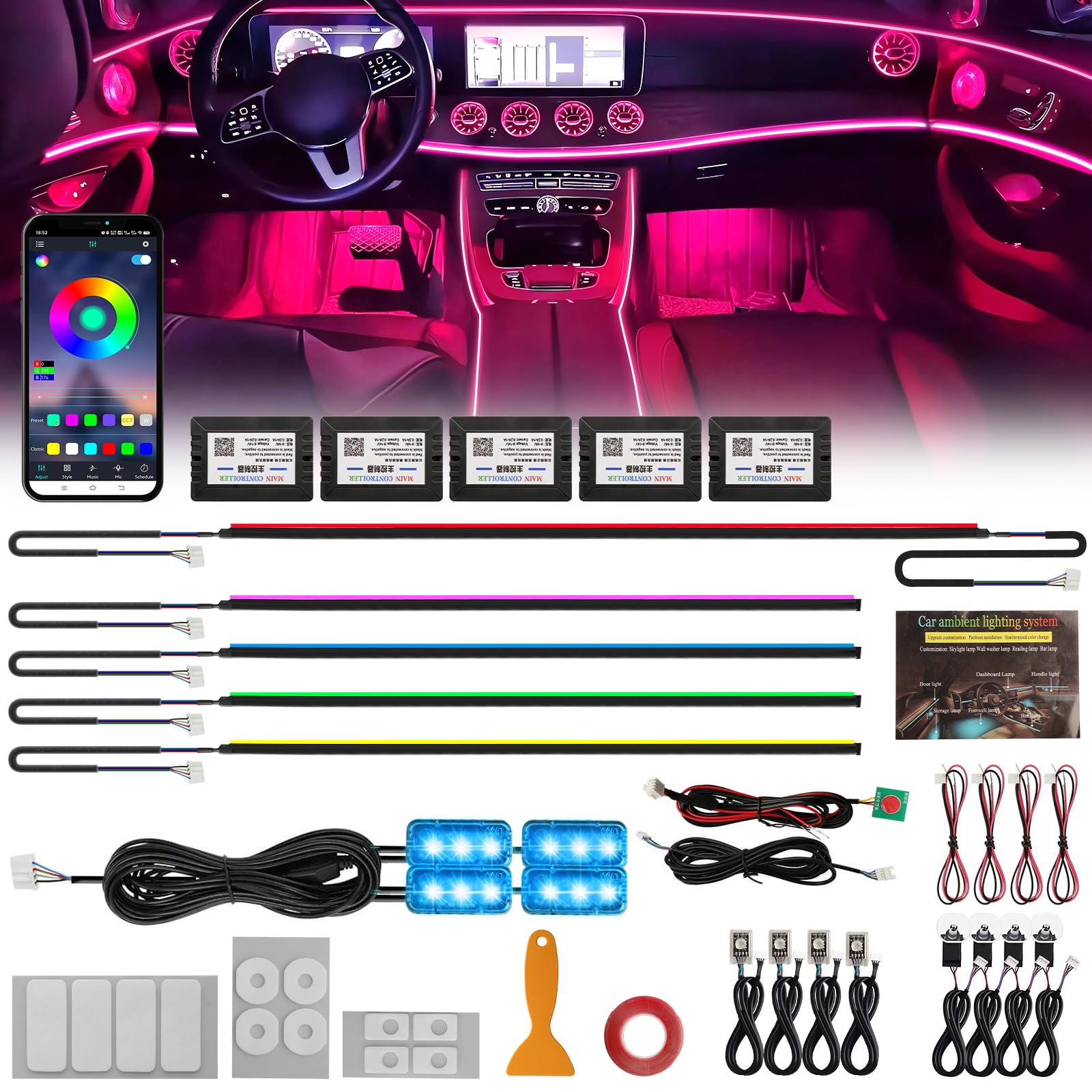 Defvnsy Illuminazione a LED per interni auto, 17 in 1 RGB in acrilico per interni, 64 colori, universale, decorazione per interni auto, atmosfera dinamica, luce al neon con controllo APP