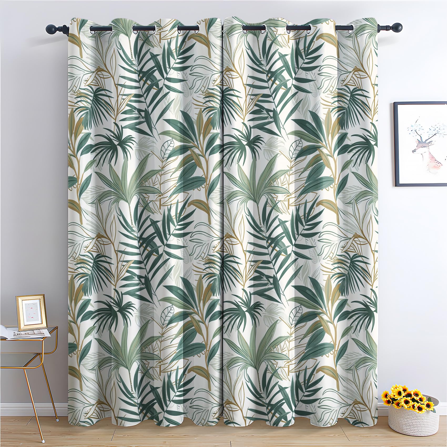 Rideau Occultant Jungle Tropicale - Lot de 2 Rideaux Tropical Plantes, Occultants Thermique Oeillets, Fenetre Decoration Interieur Maison Chambre Salon, 110x215 cm (L x H)