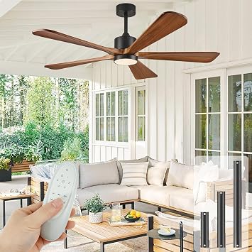 52 Inch Ceiling Fan with Lights and DC Motor by Remote Control,5 Reversible Solid Wood Blades,6-Speed Noiseless DC Motor, Modern Ceiling Fan for Indoor Bedroom Living Room Outdoor Patios