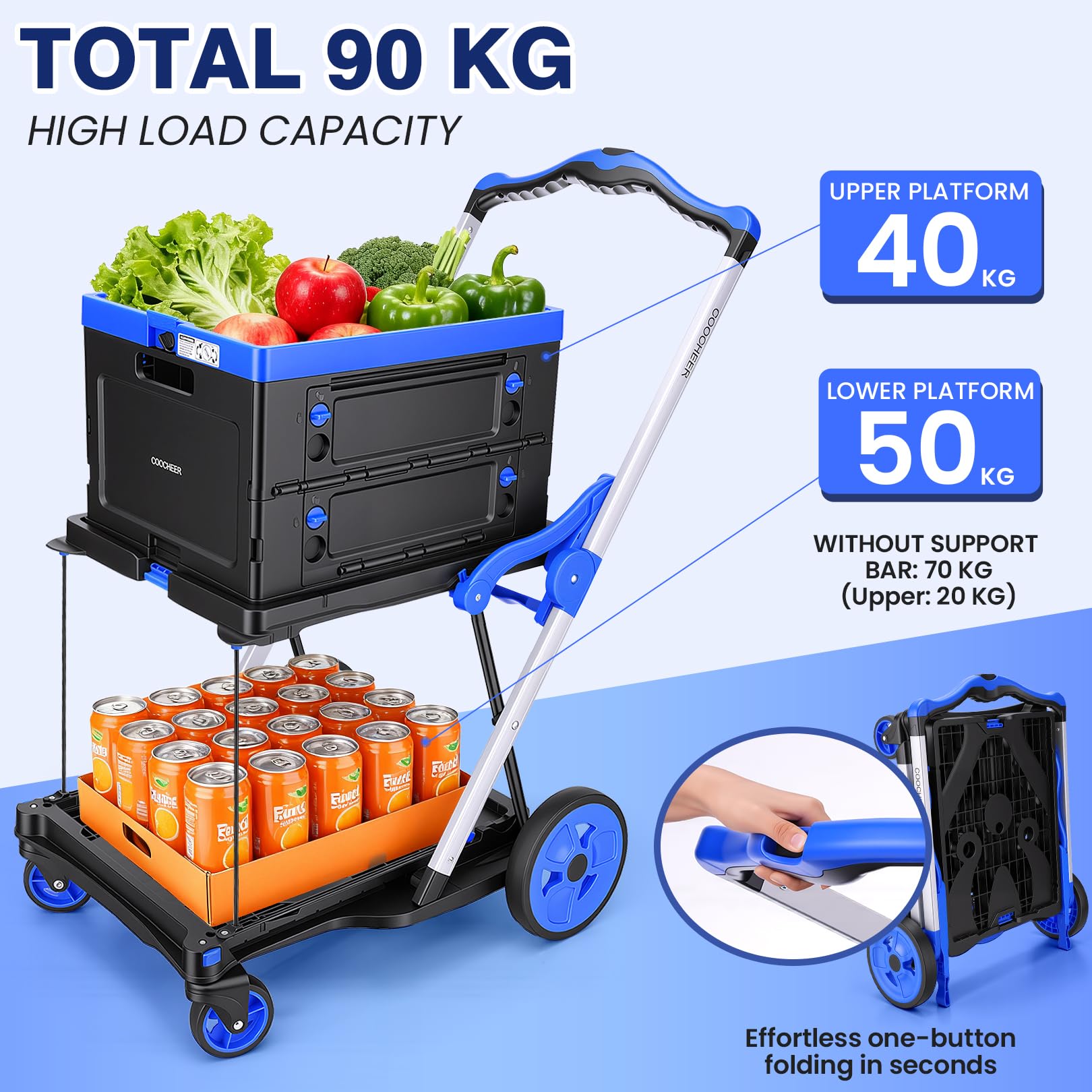 COOCHEER Carrello Trasporto Pieghevole - 90kg Carico Max, Trolley 2 Livelli con Cesto Removibile, Sistema One-Click 3s, Altezza Regolabile - Spesa, Casa, Magazzino & Viaggio