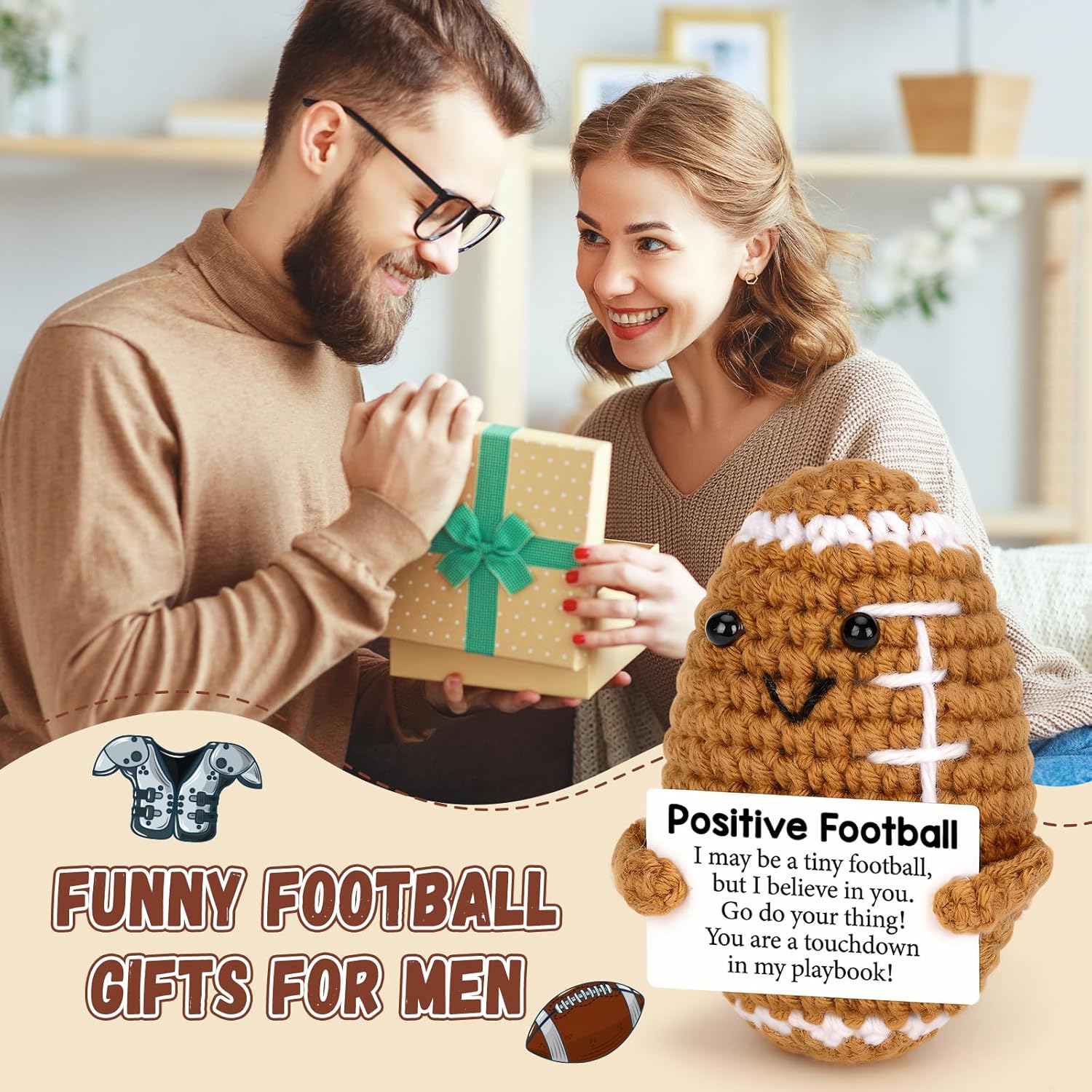 CryCarrot Mini Funny Positive Football Gifts for Men Boys Fathers Day, Handmade Crochet Inspirational Birthday Gifts for Teen Boys Men Women Adult Brother Son Grandson Boyfriend Husband Father's Day