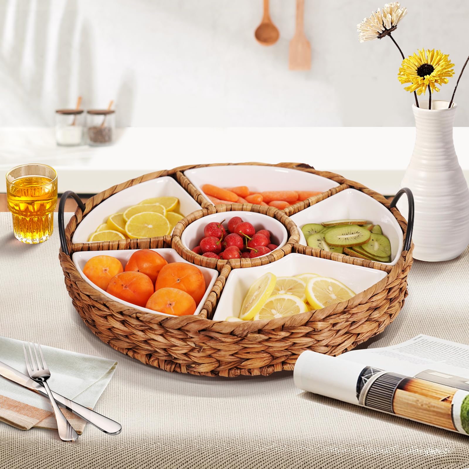 Serving Tray and Platters, 7-Set Gold Platters for Parties, 15.5 x 15.5 inches, Divided Serving Trays & Portable Handle for Home Dining, Gift Box Packaging.
