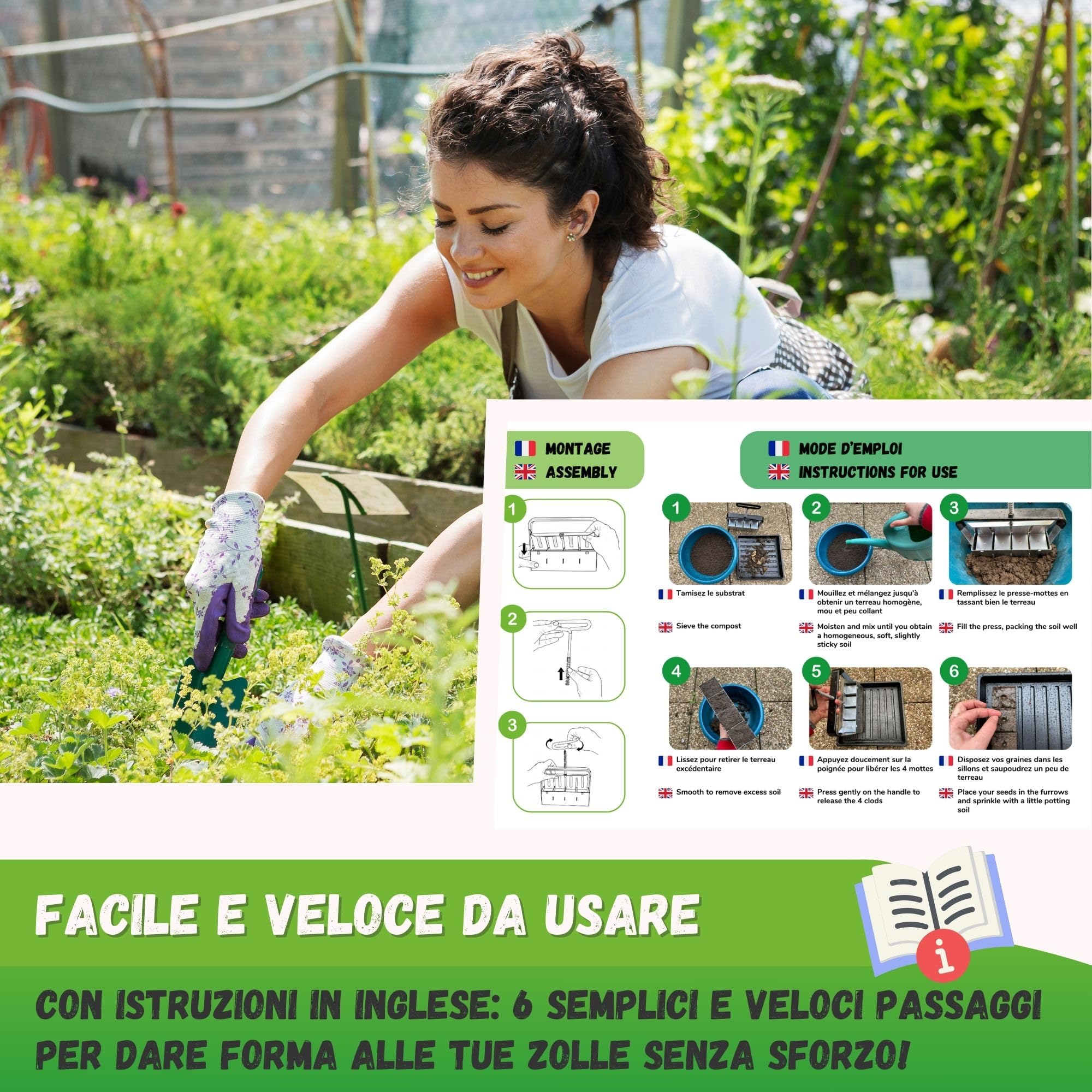 Jarden Pressa professionale per terreno - 8 Zolle quadrate da 5 cm - Attrezzo da giardinaggio in acciaio inox per piantare semi, piantine e talee
