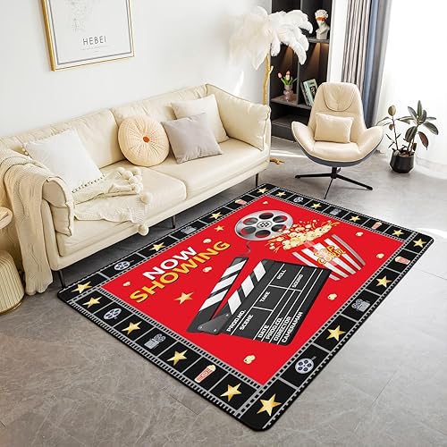 jejeloiu Alfombra decorativa de cine para sala de estar, 5 x 7 pies, para niños, alfombra decorativa antideslizante de moda antigua para cine