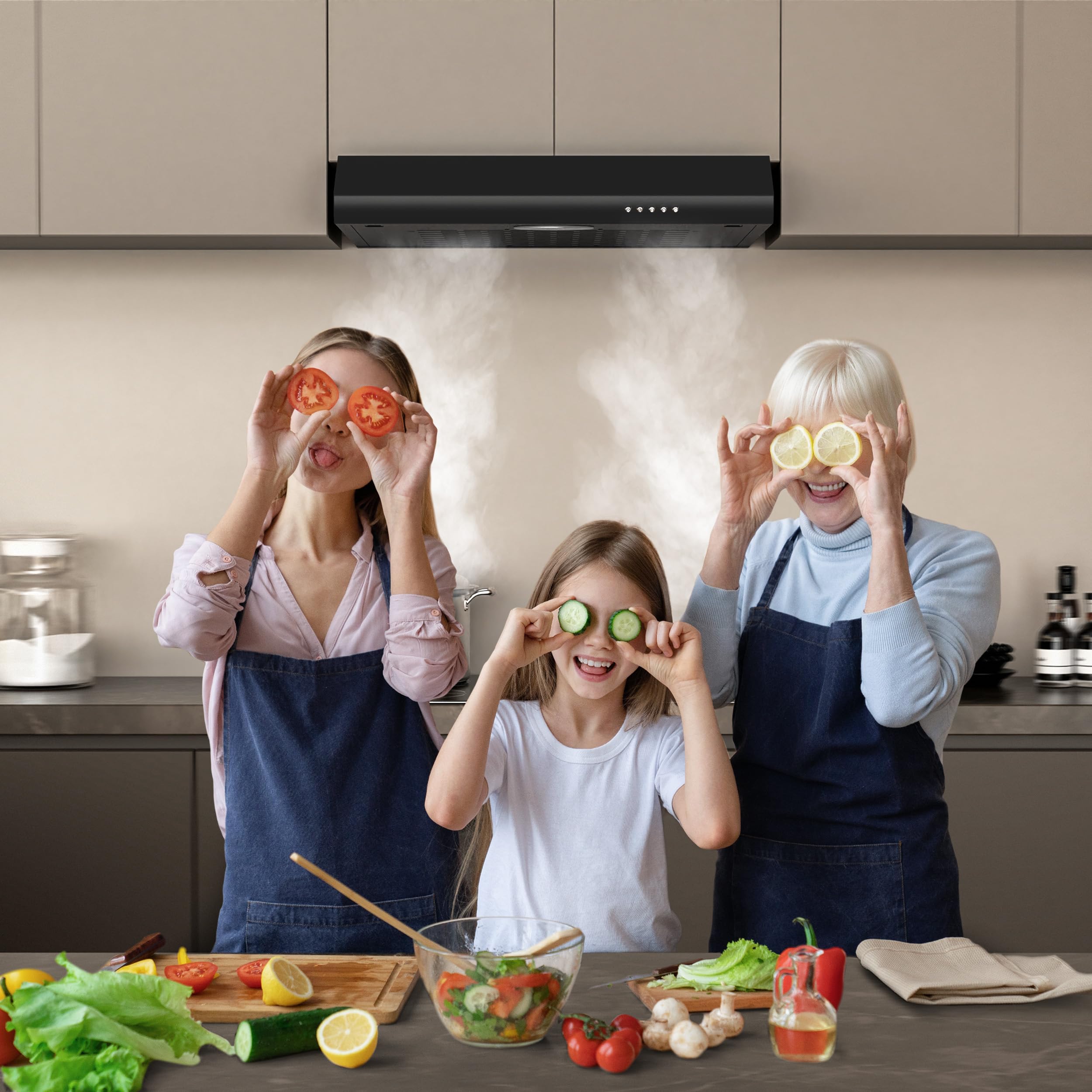FIREGAS Cappa Aspirante 60 cm, Alta Efficienza, Design Moderno, Luce LED, Risparmio Energetico e Ricircolo,Cappa Cucina,Cappa Aspirante 60 cm Sottopensile,Nero