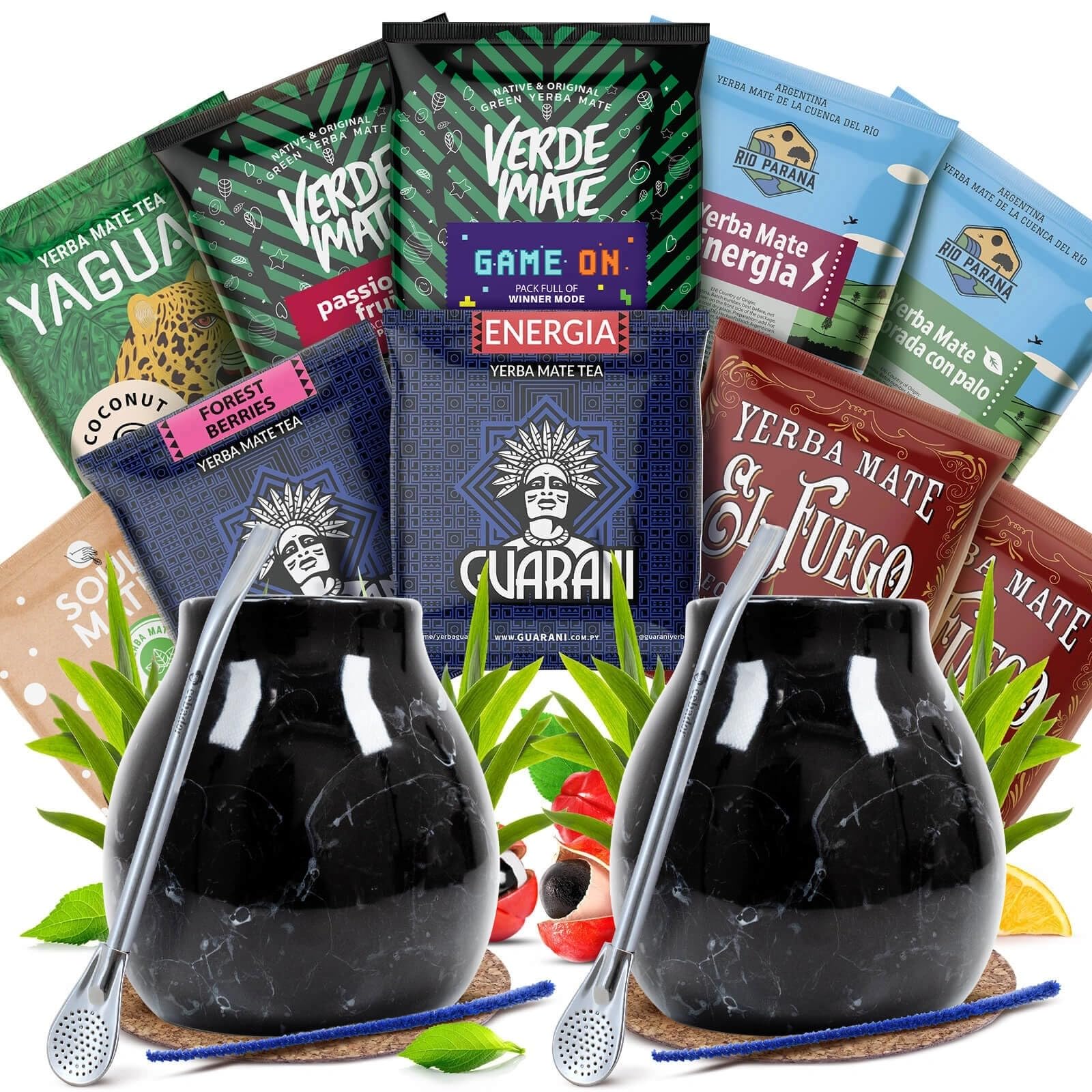 Yerba Mate Kompletny zestaw dla 2 osób - 2 kubki ceramiczne Smoked Black, 10 próbek Yerba Mate (50 g) - zestaw Discovery z akcesoriami