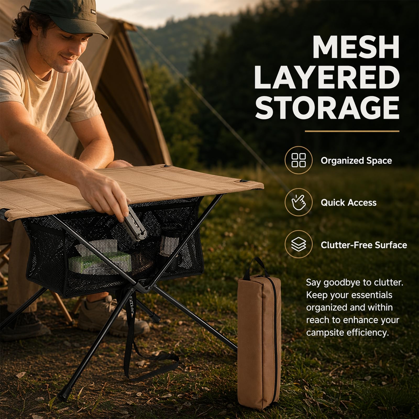 Mesa de Camping Plegable, pequeña Mesa Plegable, Bolsa de Transporte y Bolsa de Malla, Mesa de Exterior, Ultraligera, portátil, Mesa Plegable, Capacidad de Carga de hasta 30 kg, para Exteriores