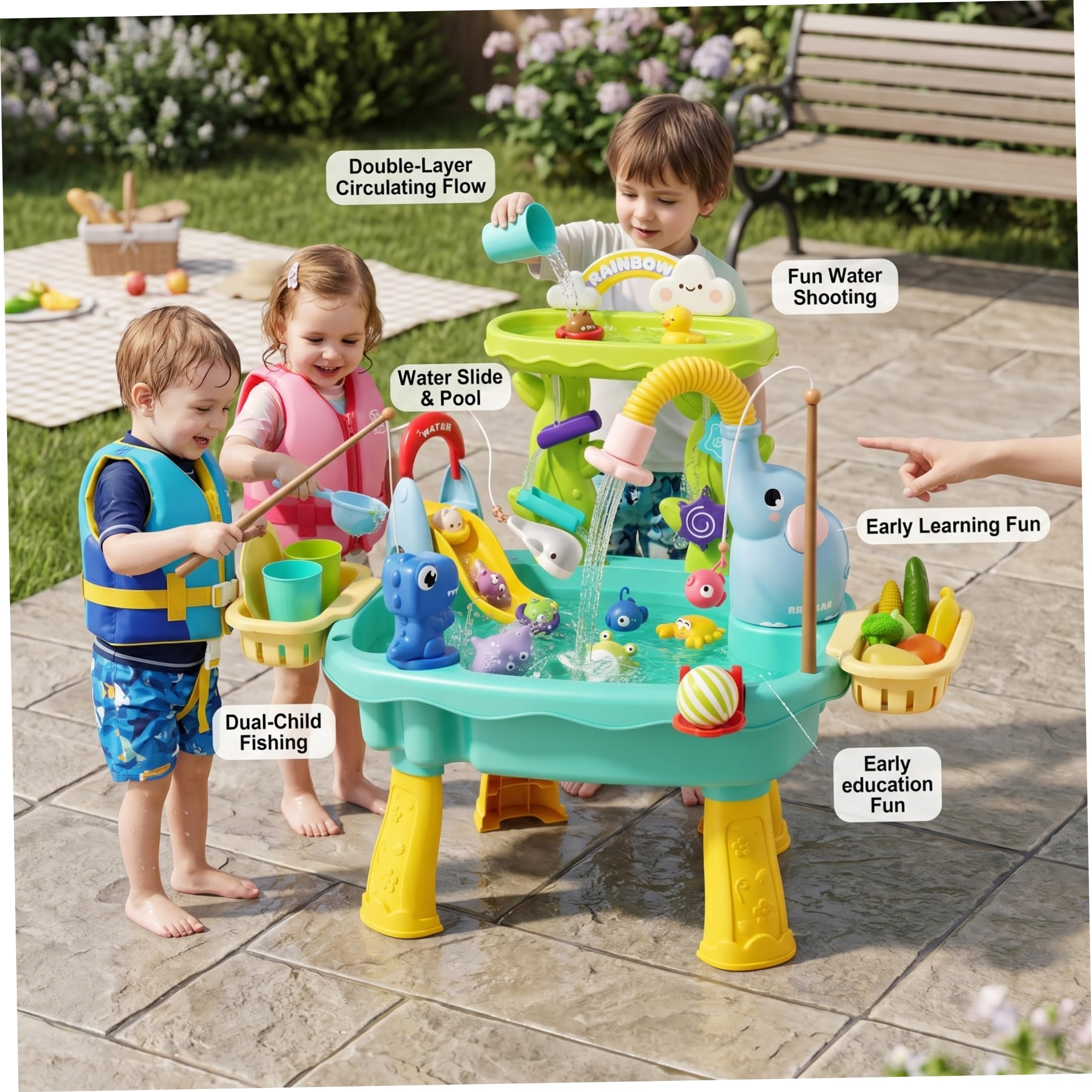 Mesa freática para niños, Juego de Mesa de Arena y Agua, 2, 6 en 1, Juguetes Azules para niños con tobogán de riego circulante, Pesca y Baloncesto.