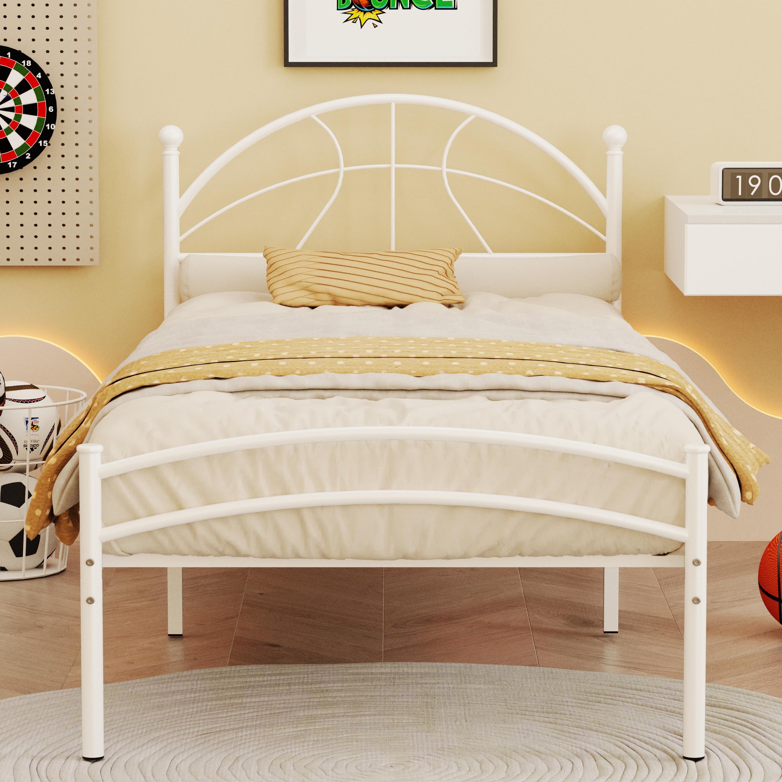 Merronix Twin Bed Frames with Basketball Shaped Headboard，Heavy Duty Metal Platform No Box Spring Needed Twin Size Bed for Kids Adult, White
