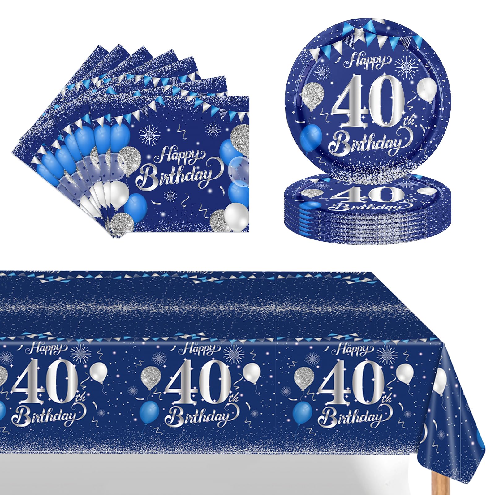 POPOYU 37Pcs Navy Blue Silver 40th Birthday Tableware Set,40th Birthday Napkins Blue and Silver,40th BlueSilver Table Cloth,40thBirthday Paper Plates for Him Her Men Women BirthdayGift Party Supplies