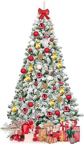 GOFLAME Árbol de Navidad preiluminado de 7 pies, árbol de Navidad artificial flocado con 1328 puntas de ramas de polietileno y PVC, 450 luces LED