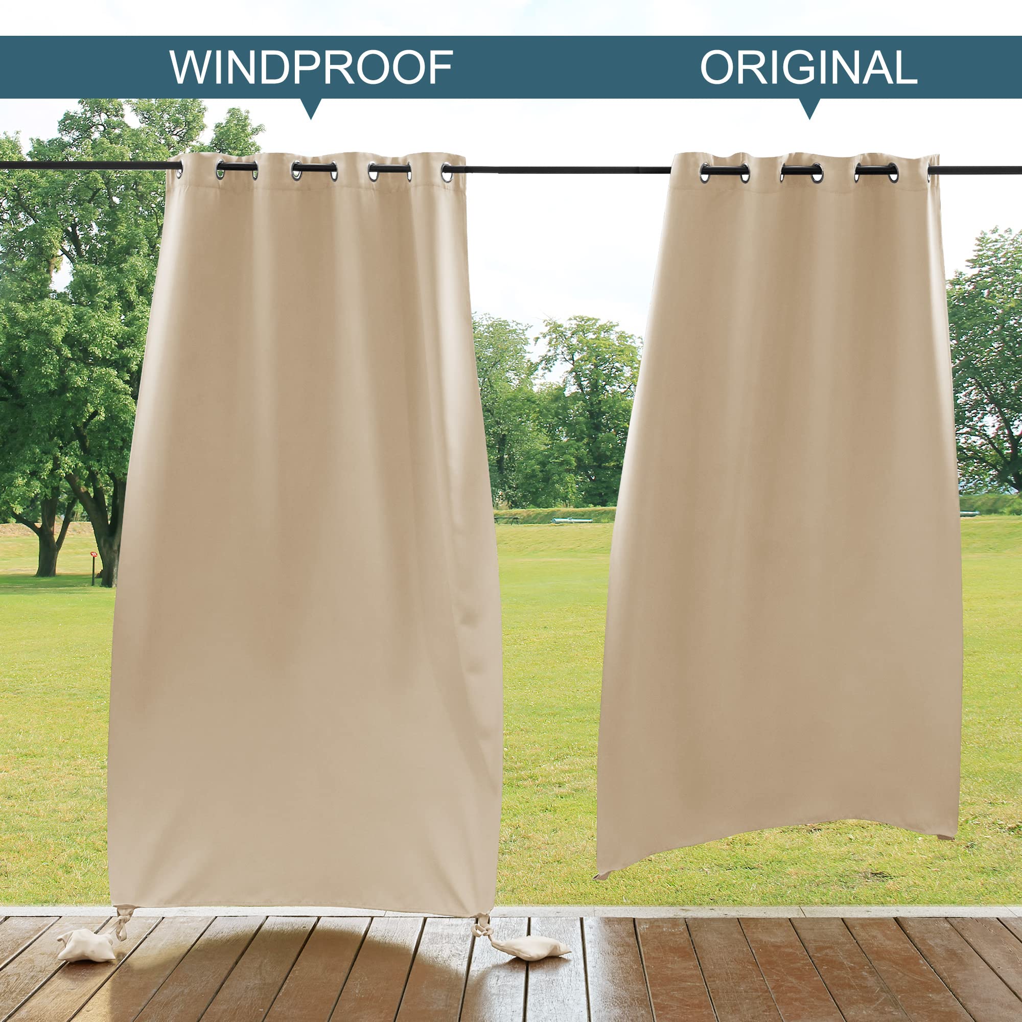 PONY DANCE Tenda da Sole per Esterno Impermeabile Tende Antiventi con Sacchi Pesati per Gazebo con Anelli Anti-UV Blackout Curtains per Balconi 2 Pezzi L132 x A213 CM, Beige