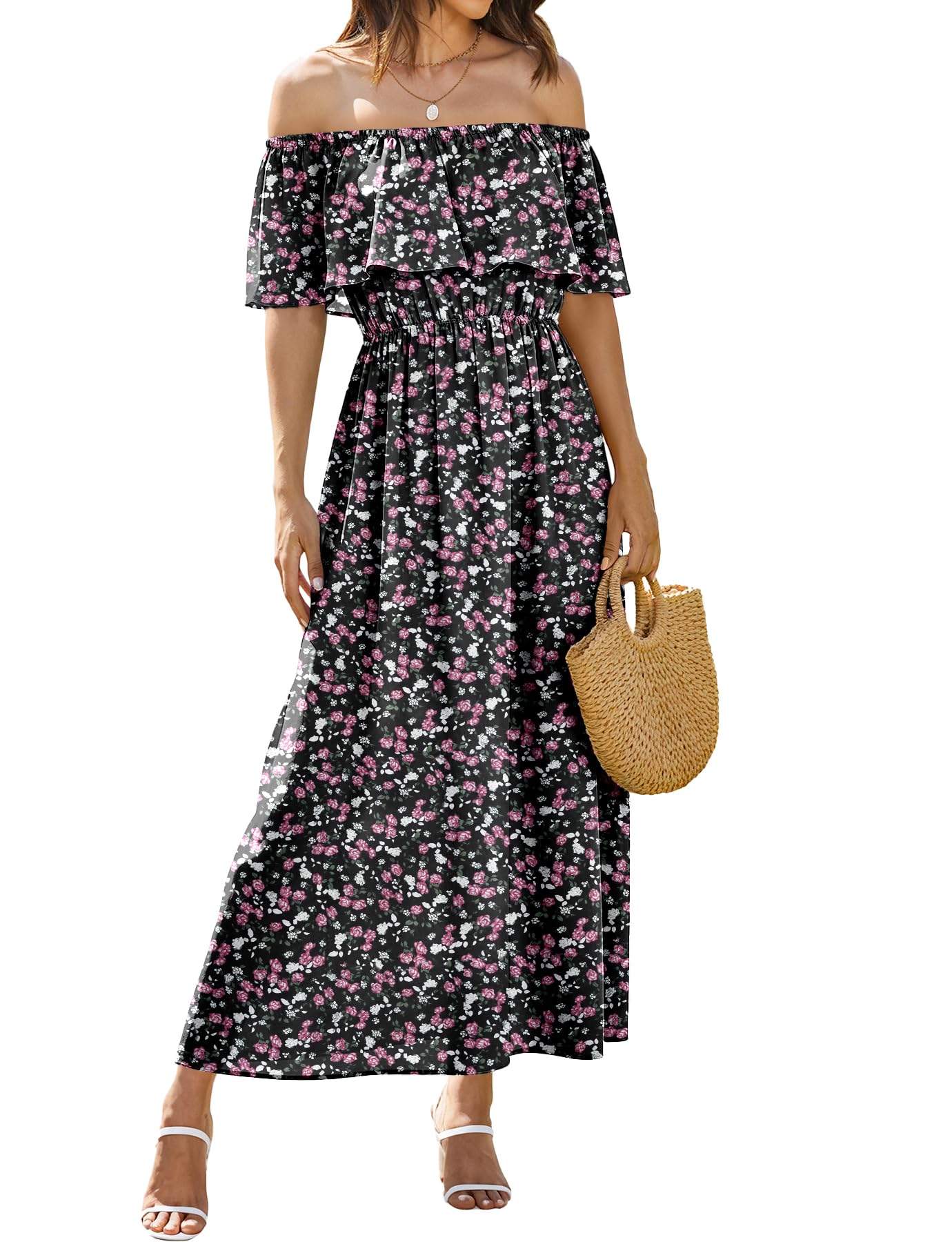 Bluetime Womens Maxi Dress Off Shoulder Floral Print Boho Beach Long Summer Dresses