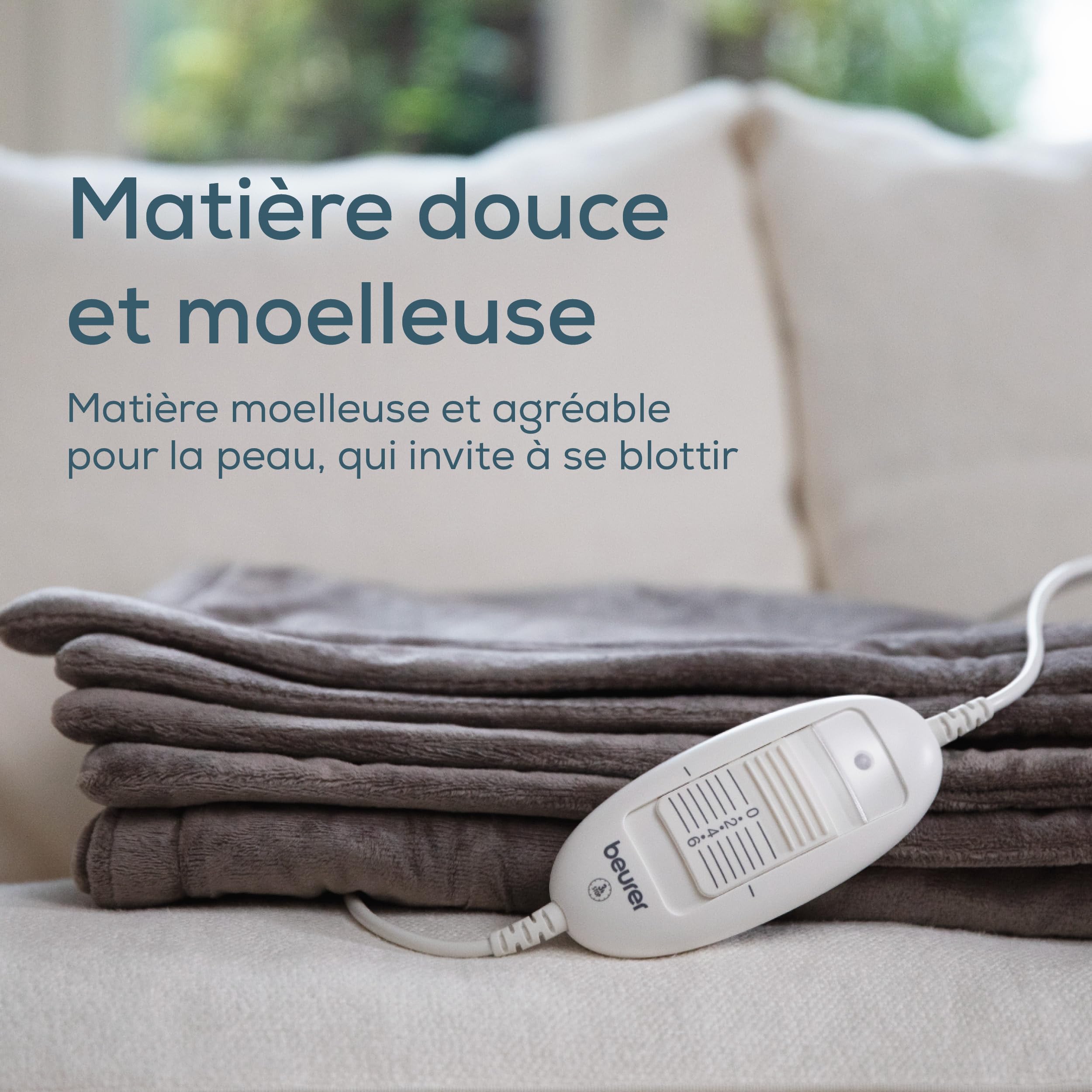 Beurer HD 75 Cozy Couverture chauffante, couverture électrique confortable en apparence de fourrure, 6 réglages de température, lavable en machine, avec arrêt automatique, taupe