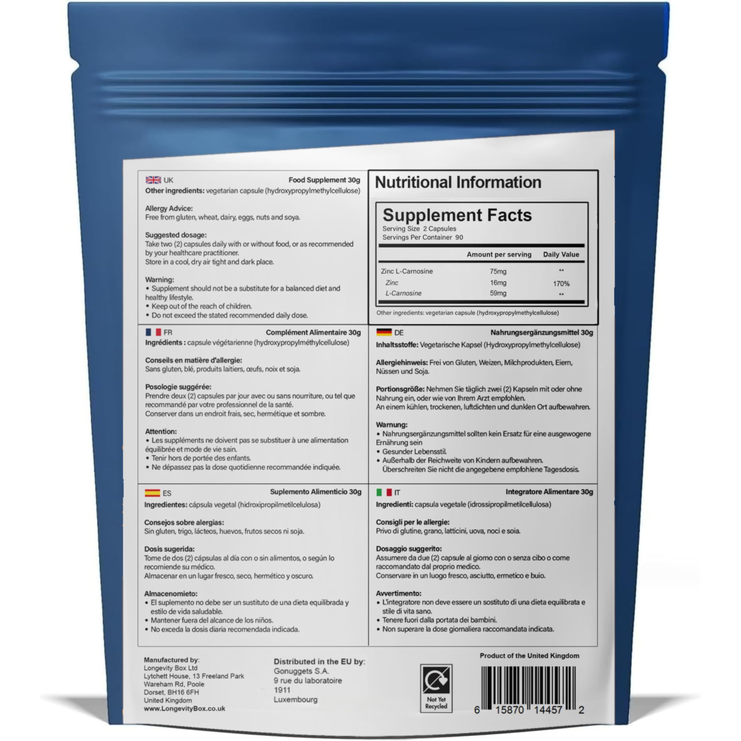 Zink-L-Carnosin 180 Kapseln 75 mg – Magen-Darm-Komplex, Magenschutz & Nährstoffaufnahme, 3 Monate, 98 % rein, Laborgeprüft, Vegan