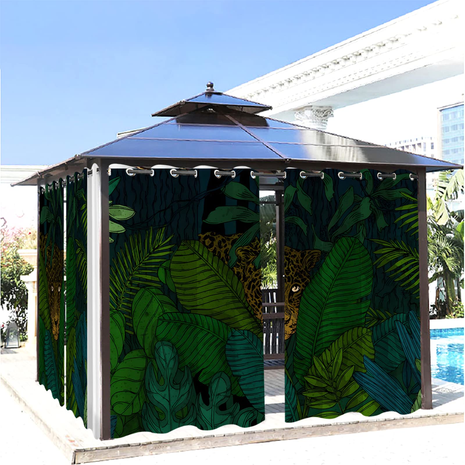Rideaux extérieur imperméable feuilles vert noir pour pergola et terrasse