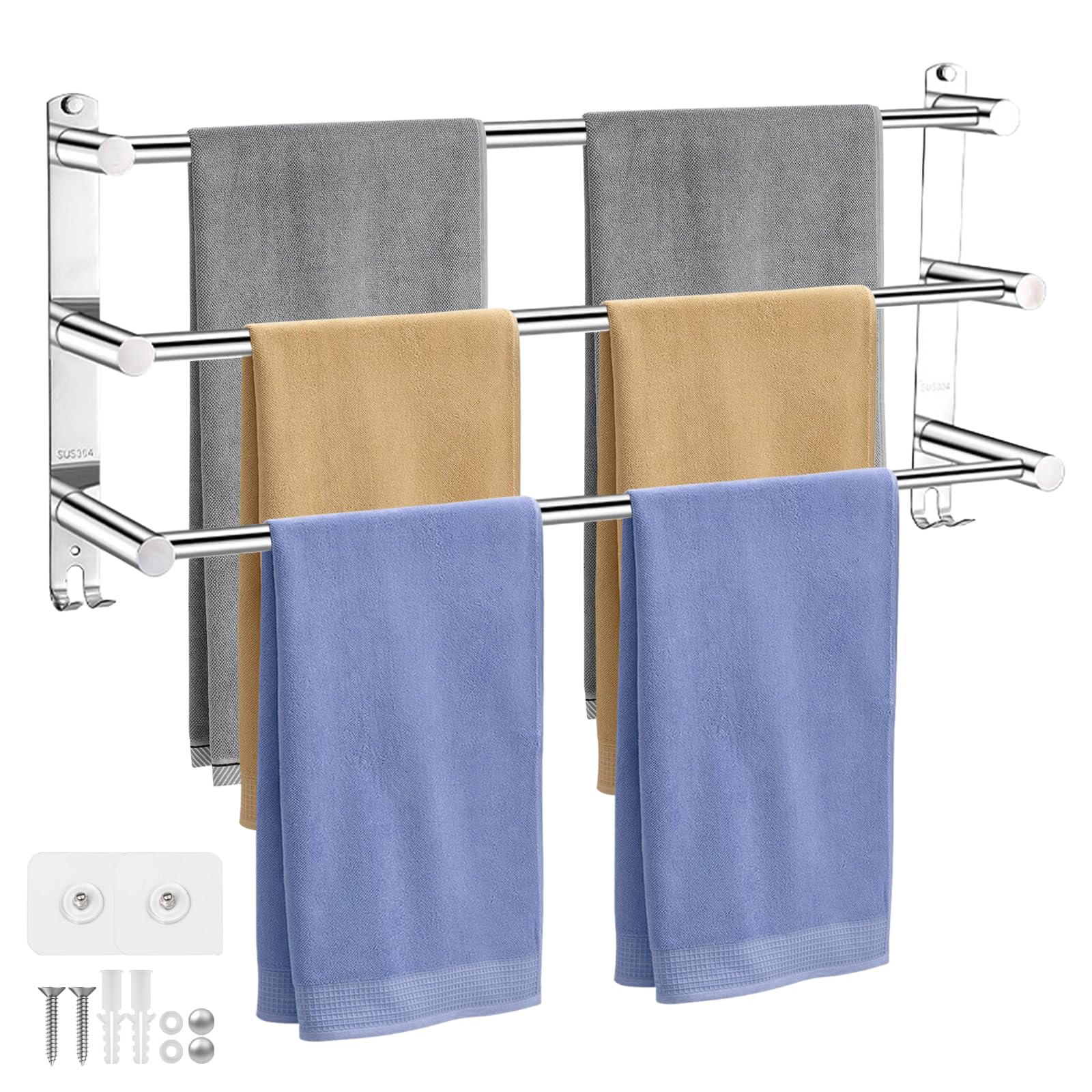 Towel Rail Wall Stainless Steel Extendable Bathroom Towel Rail 3 Levels Retractable 43-76 cm with Hooks and Screws Towel Hanger Wall for Bathroom Kitchen Toilet Hotel (Silver)