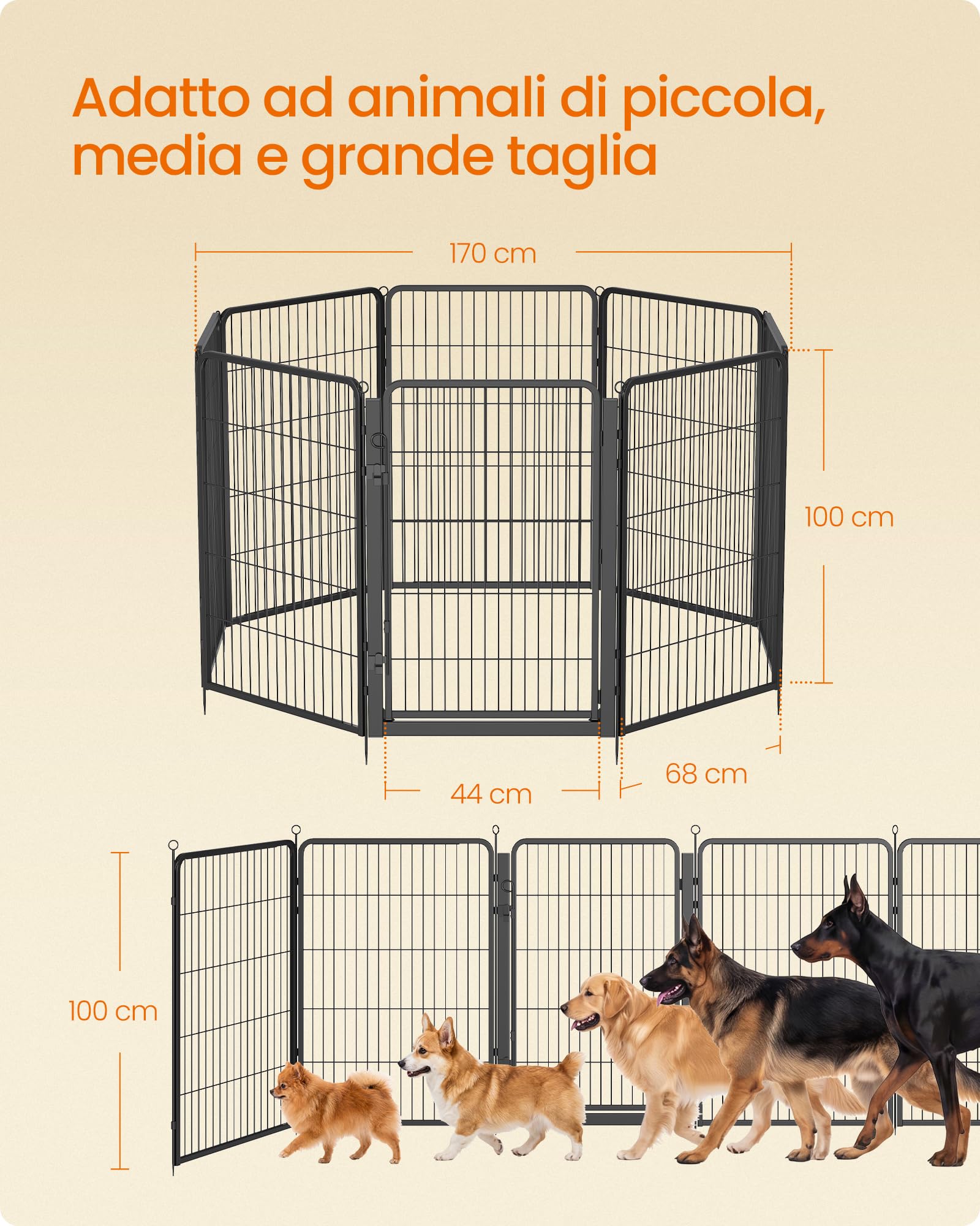Feandrea Recinto per Cani in Metallo, con Porta, 8 Pannelli, 170 x 170 x 100 cm, Nero, da Esterno e Interno, Antiruggine Collezione Dack PPK021B102