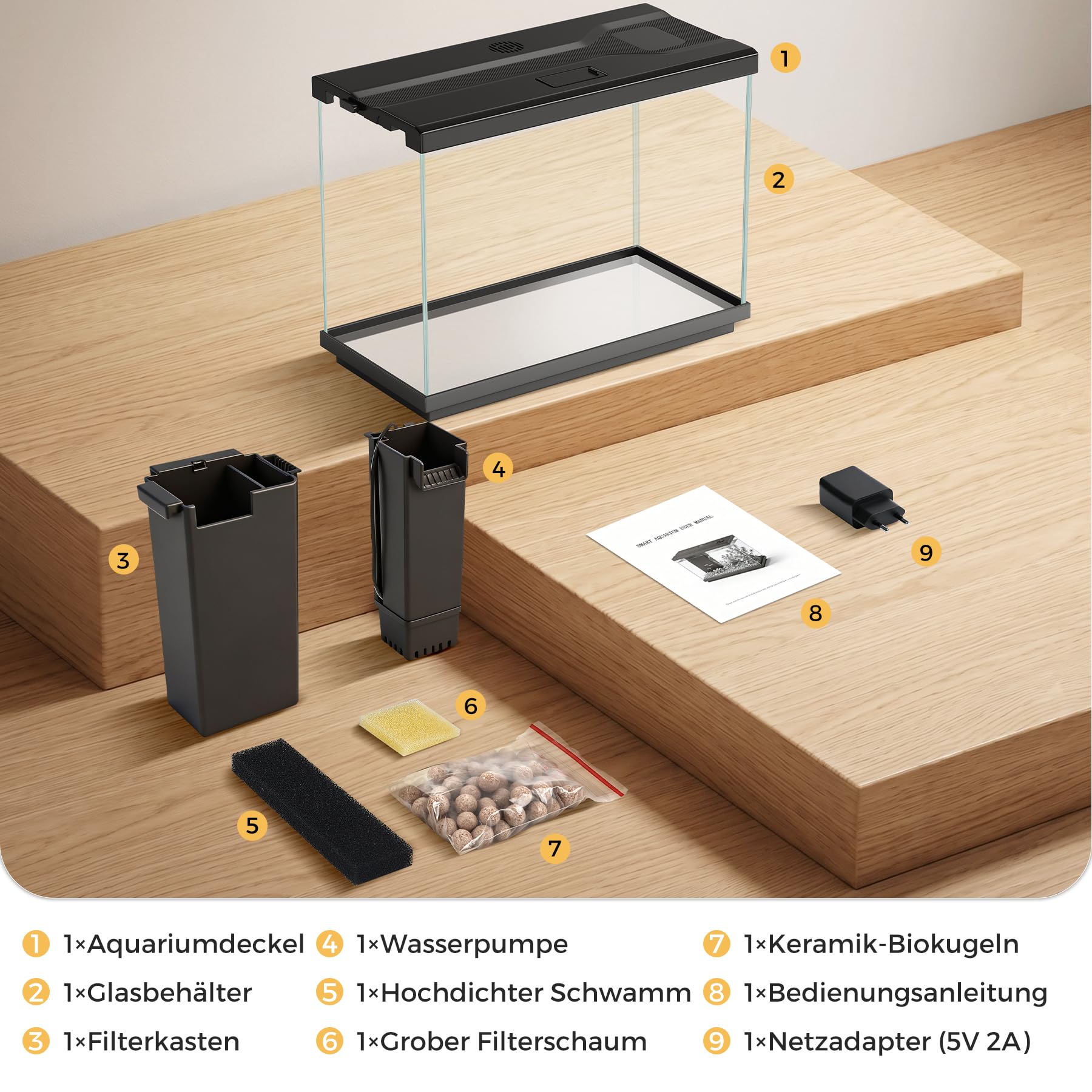8.3L Kampffisch Aquarium mit 4-in-1 leiser Pumpe & Surface Skimmer, Nano Aquarium Komplettset mit Temperaturanzeige, 8-Farben-Beleuchtung, für Zuhause und Büro (Schwarz, 8.3L)
