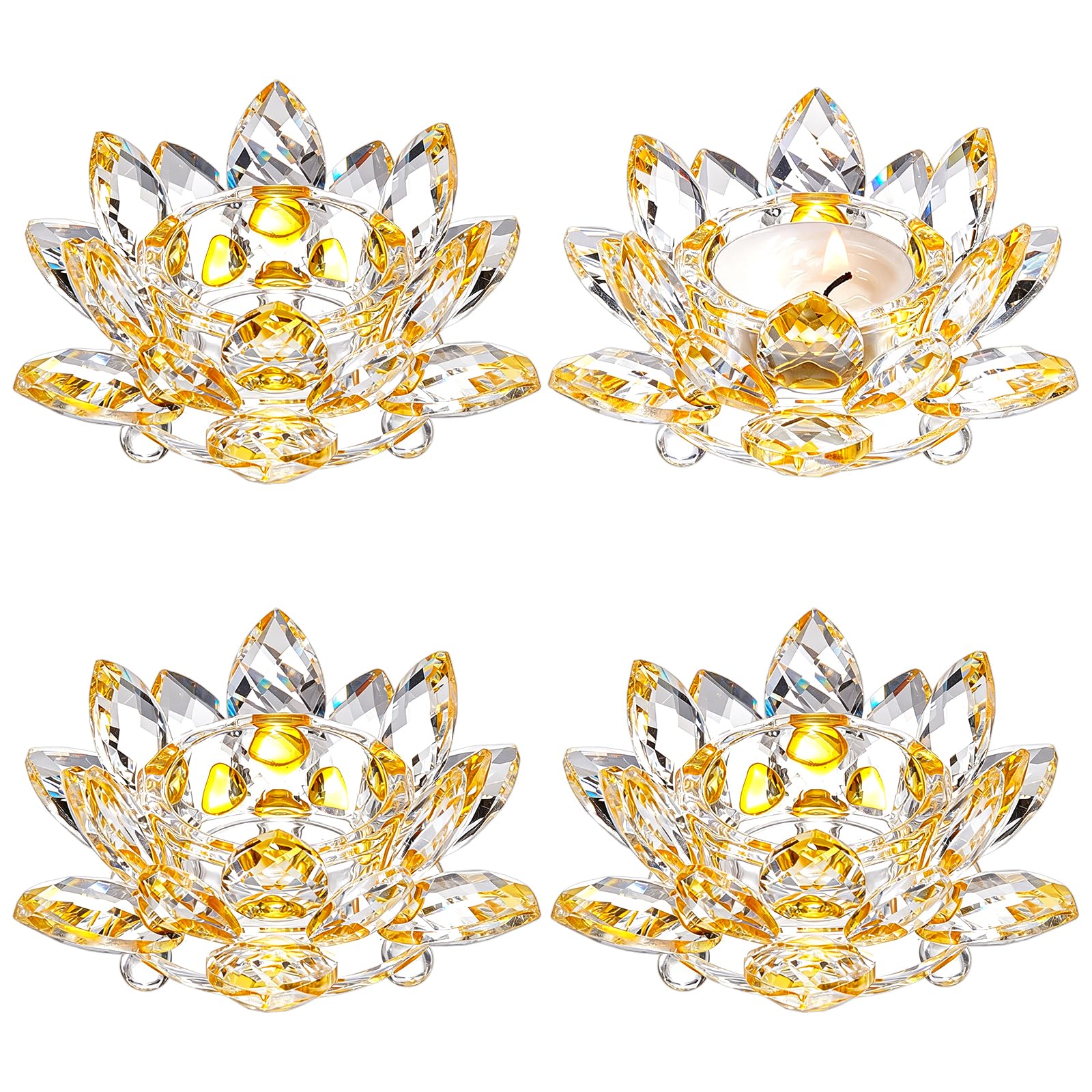 INTERWARM 4Pcs Crystal Lotus Flower Tealight Holder, Crystal Flower Tealight Candle Stand Lotus Petals Votive Candle Holder for Home Wedding Party Dinning Table Centerpieces, Yellow