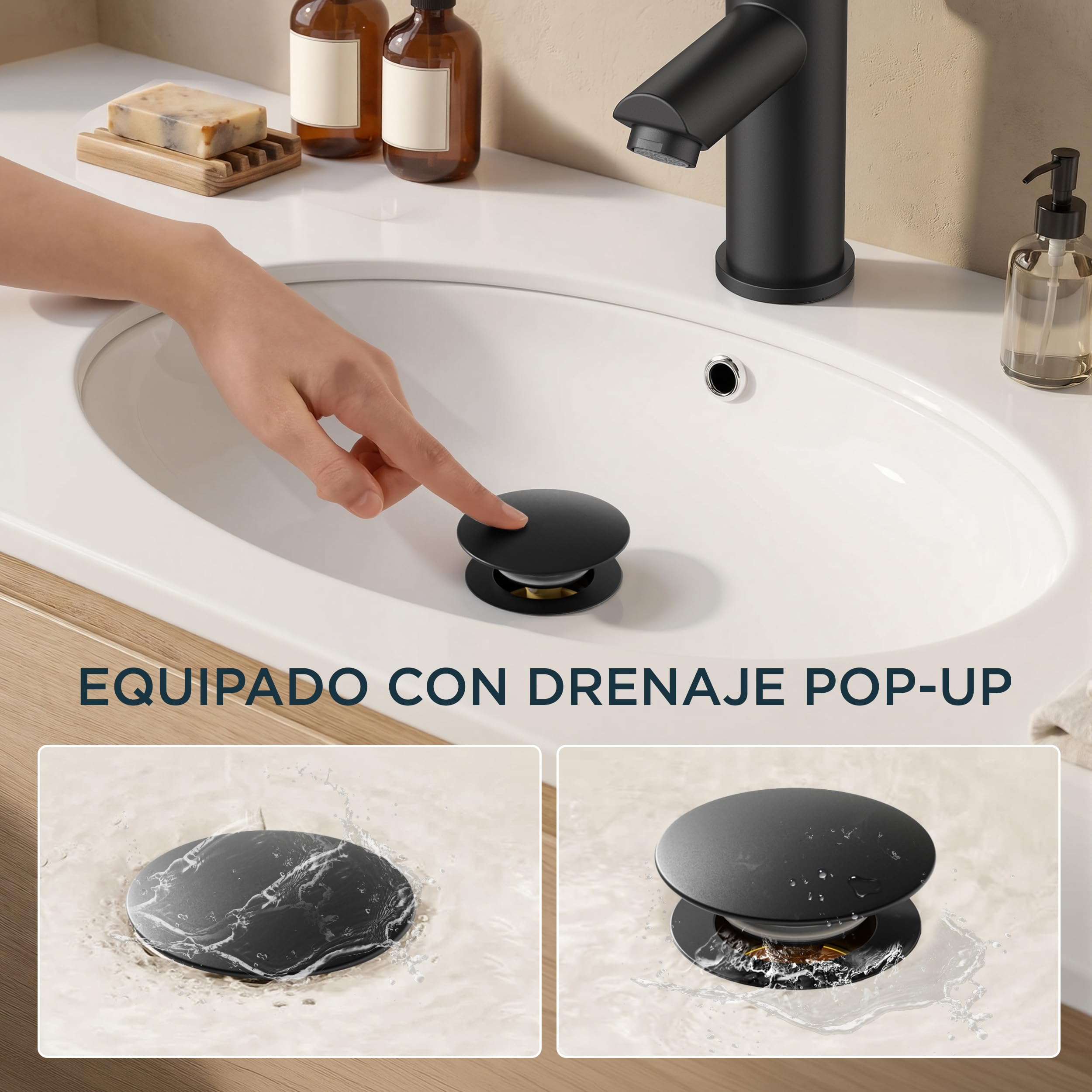 FORIOUS Grifo De Baño Con Desagüe, Grifo De Lavabo De Acero Inoxidable Con Altura De Salida 85MM, Mezclador Monomando Para Agua Fría Y Caliente En El Baño, Negro