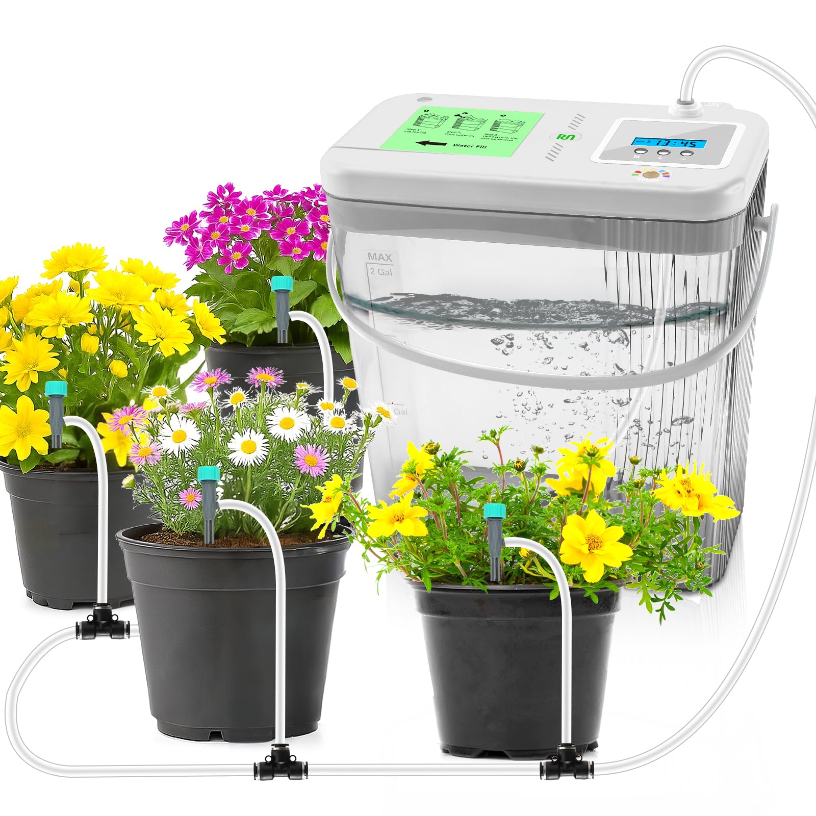 Sistema de riego por goteo para interiores con tanque de agua de 2 galones, luz nocturna táctil y temporizador programable, kit de riego automático para 10 plantas en maceta