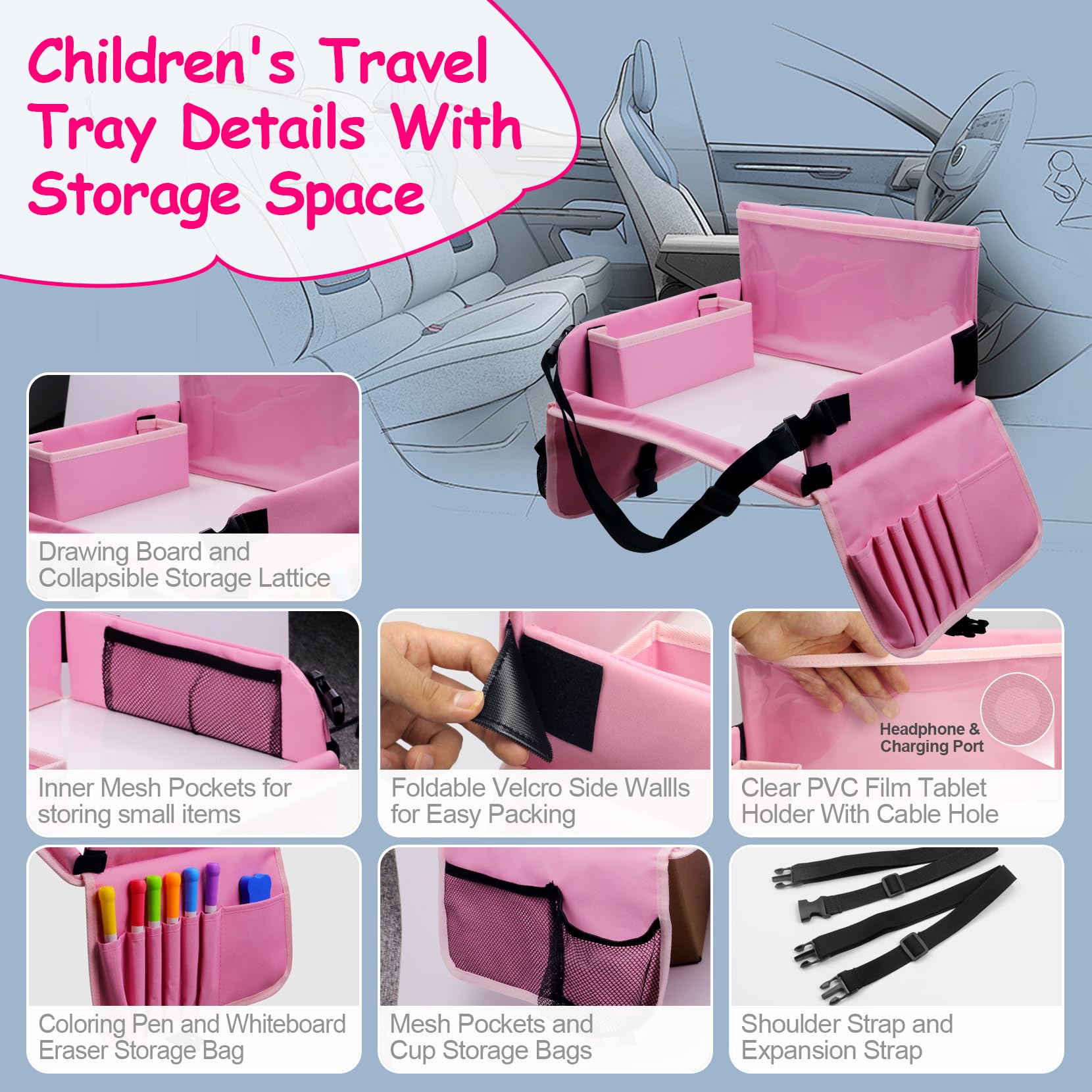 Bandeja de asiento de coche para viajes de niños, bandeja de asiento de coche para actividades de viaje por carretera para niños pequeños