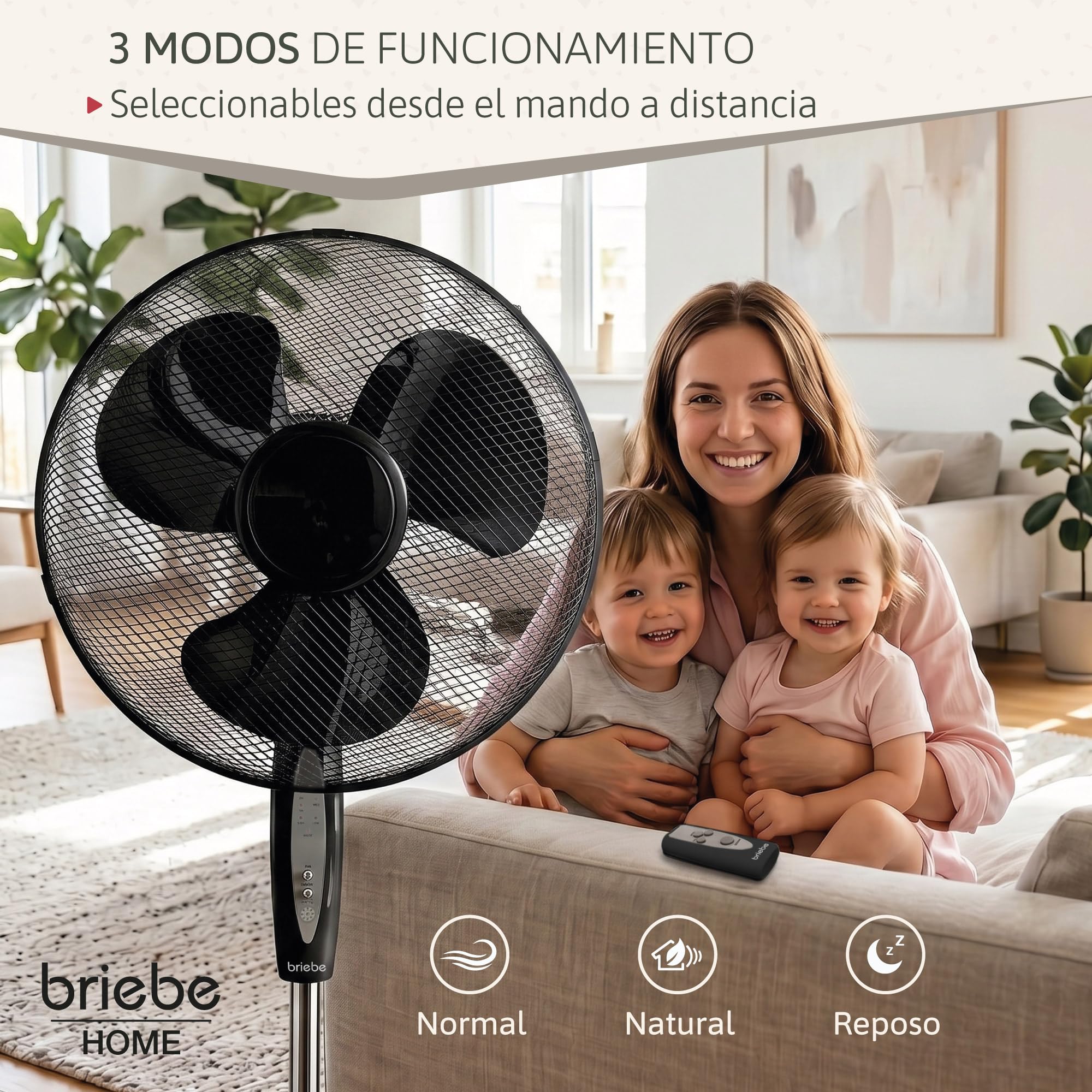 briebe Ventilador de Pie Silencioso con Mando a Distancia, 40cm, Temporizador, Oscilante, 3 Modos Funcionamiento, 3 Velocidades, Regulable Altura 100-125cm, Negro