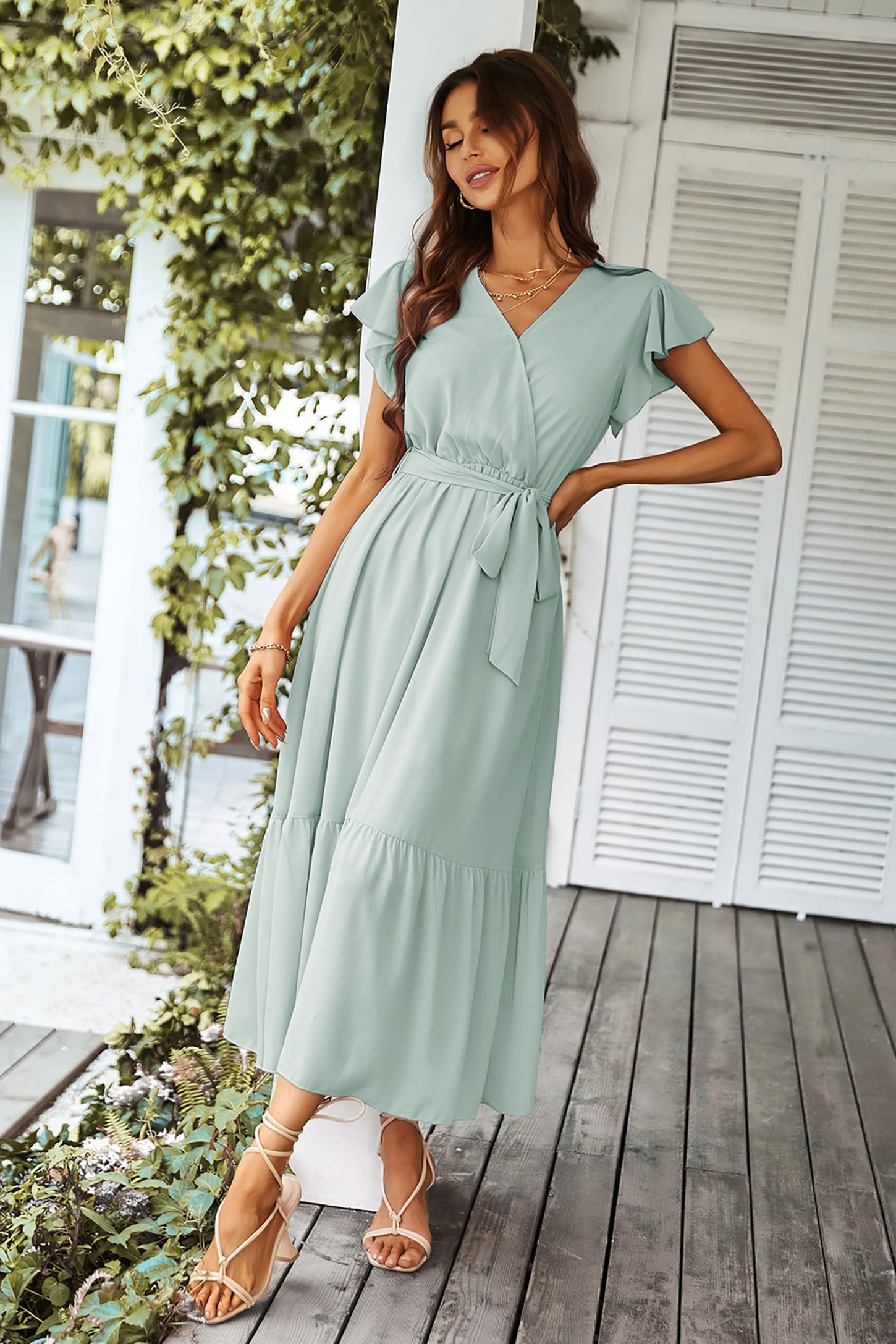 Awemeal Vestido de verano para mujer, elegante, cuello de pico, manga corta, vestido de verano, bohemio, floral, con cinturón, volantes, dobladillo envolvente, vestido de playa, línea A, vestido largo