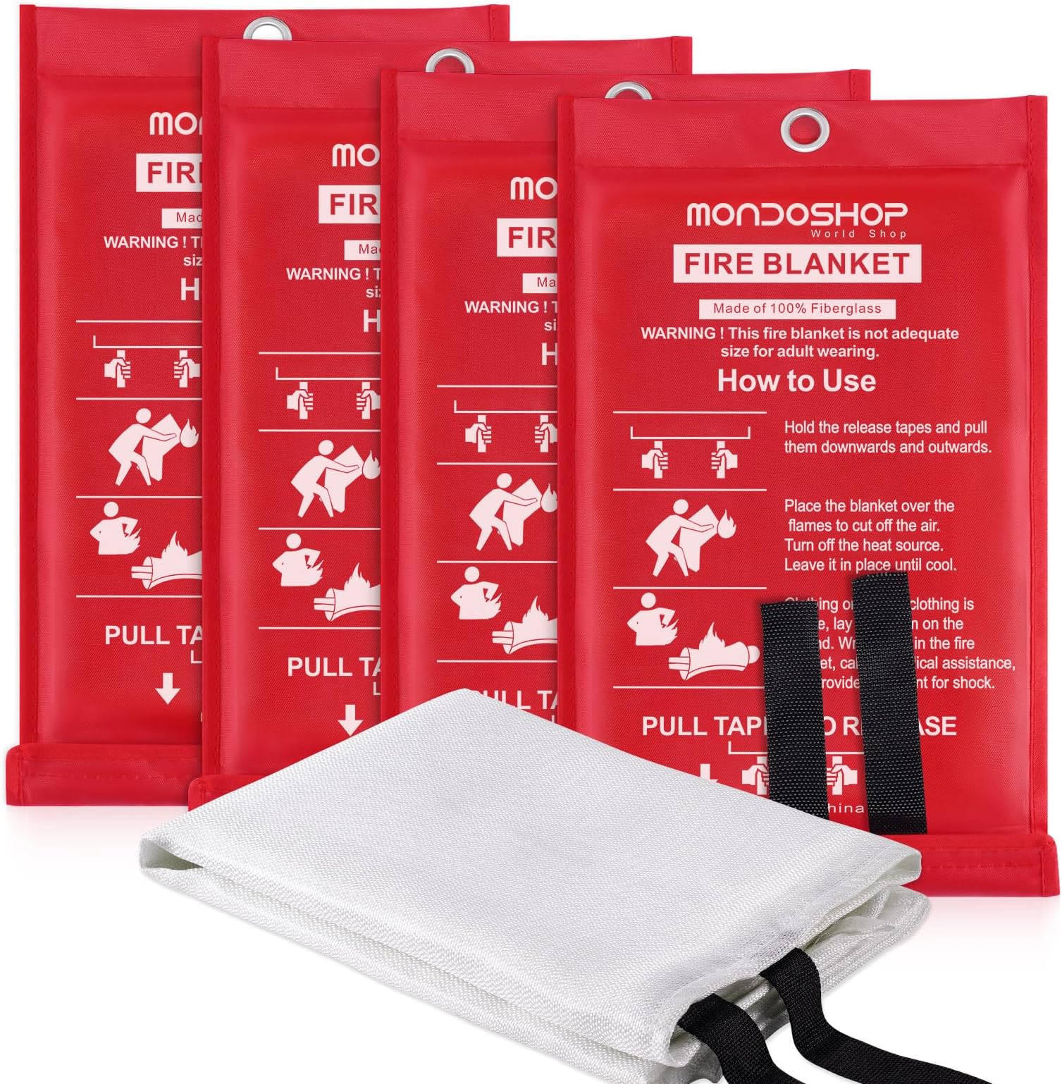 Mondoshop Kitchen Fire Blanket Emergency for Home TUV Certified Fire Resistant Blanket for House, Household, Car, Campervan, Office, Warehouse, Fireplace, Camping, Picnic, Commercial (4-Pack)