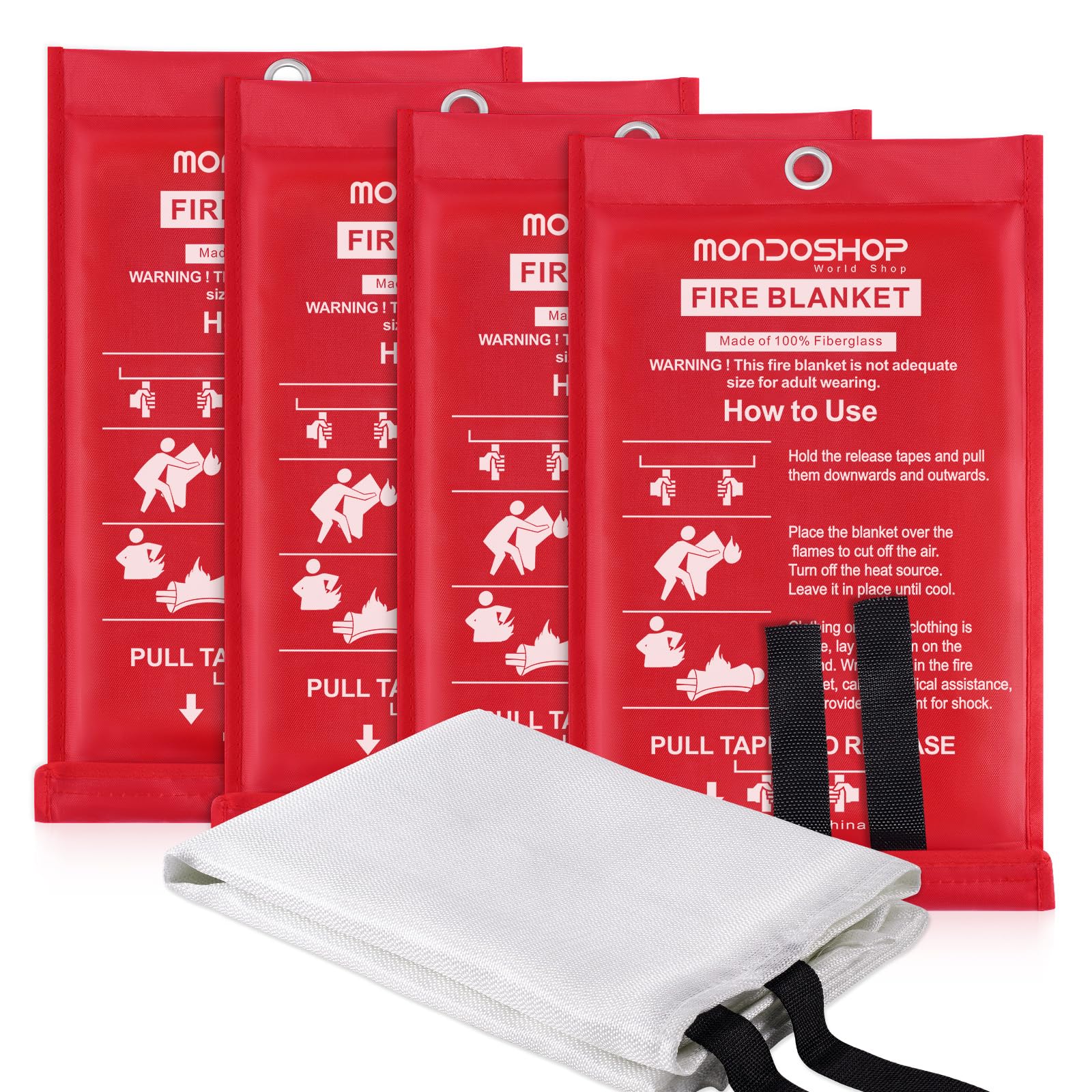 Kitchen Fire Blanket Emergency for Home - Mondoshop TUV Certified Fire Resistant Blanket for Car, Office, Warehouse, Fireplace, Camping, Picnic, Campervan, House, Commercial, Household (4-Pack)