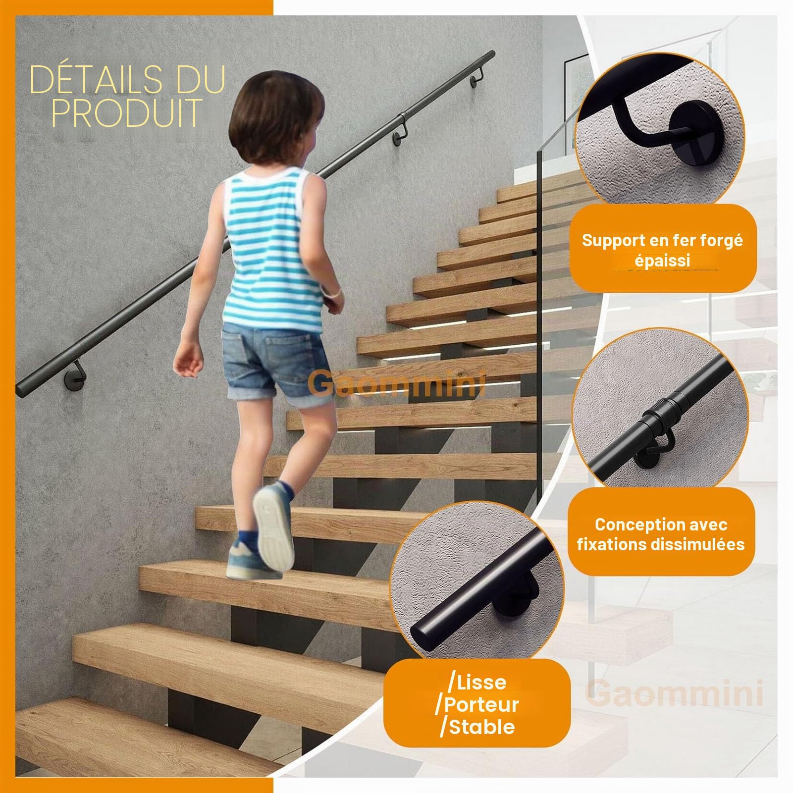 Main courante pour escaliers – 80cm, 1m, 120cm, 1,5m, 180cm, 2m, 240cm, 3m, rampe d'escalier pour la maison, la salle de bain, le couloir, les escaliers – Barre d'appui intérieure et extérieure(200cm)