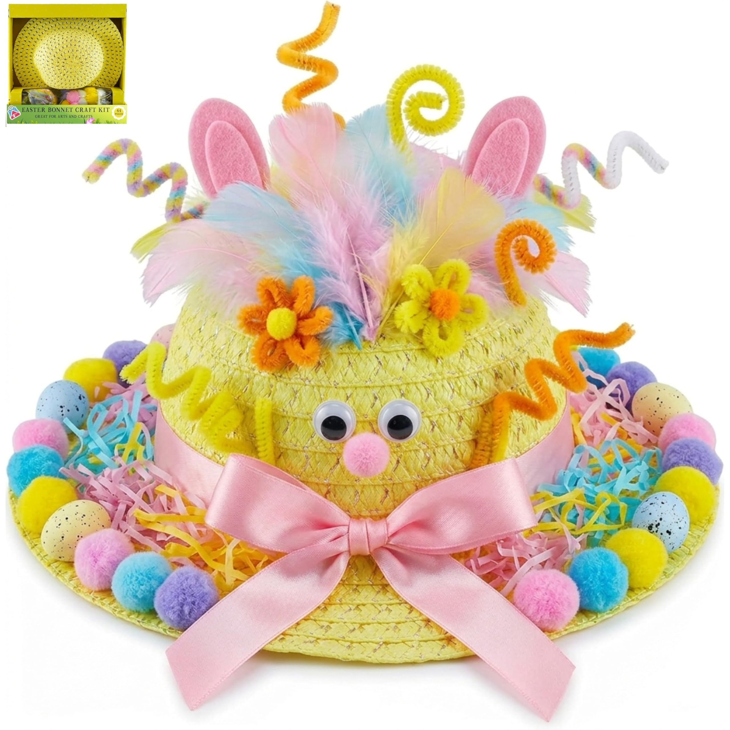 Hovuk Boys Yellow Bonnet Kit 64Pcs Diy Yellow Easter Bonnet Craft Kit For Girls | Big Pack Cute Kids Fun Decorative Accessories, Googly Eyes, Spekled Eggs, Paper Grass Feathers & Glue