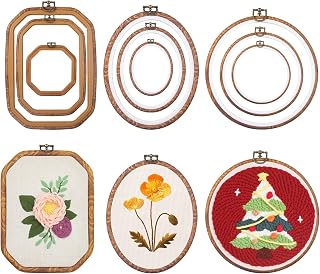 Cheloment 9Pcs Imitation Wood Embroidery Hoops Set - Circle, Oval, Octagonal Cross Stitch Display Frames for Crafts & Home Decor