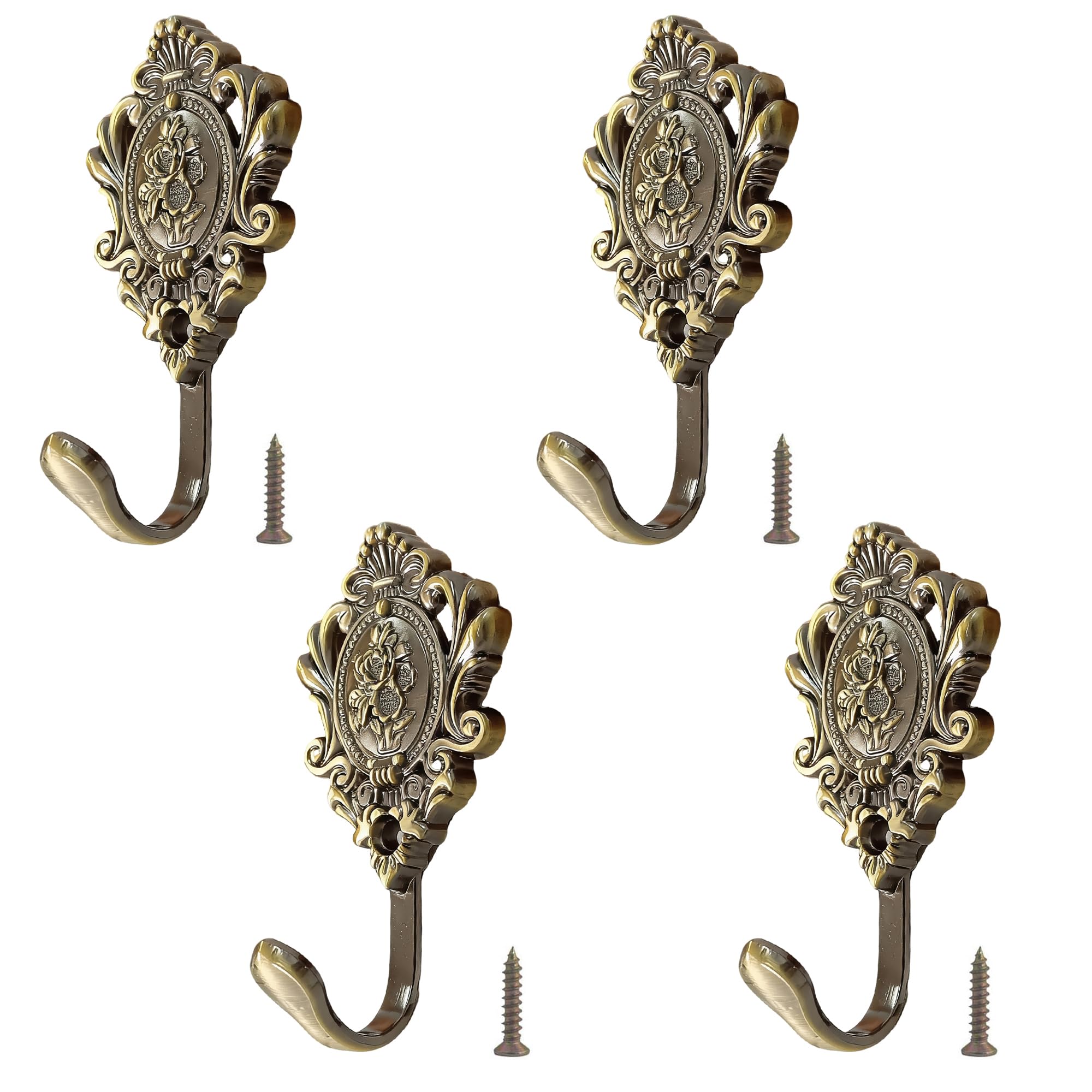 4-Pack Vintage Curtain Tieback Hooks, Multi-Functional Coat and Key Holder，3D Rose Pattern Wall Mounted Drapery Holdbacks for Bathroom & Bedroom (Bronze)