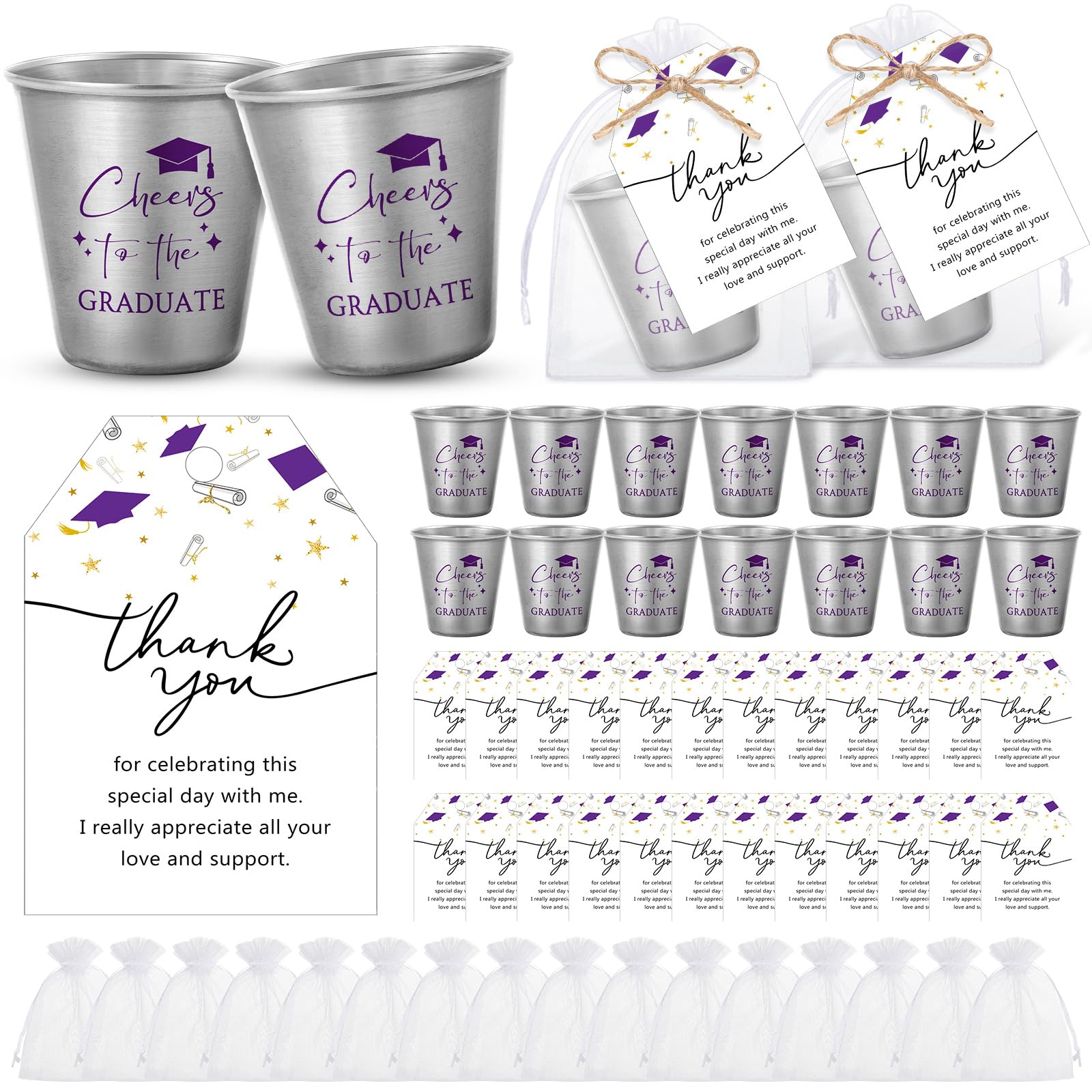 Maxcheck 30 Sets Graduation Gifts Cheers to the Graduate Stainless Steel Shot Glasses with Thank You Cards and Gift Bags Graduation Party Favors