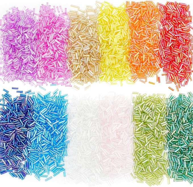 PH PandaHall 3600pcs 12 Colors Bugle Beads, 67x2mm Glass Tube Beads AB