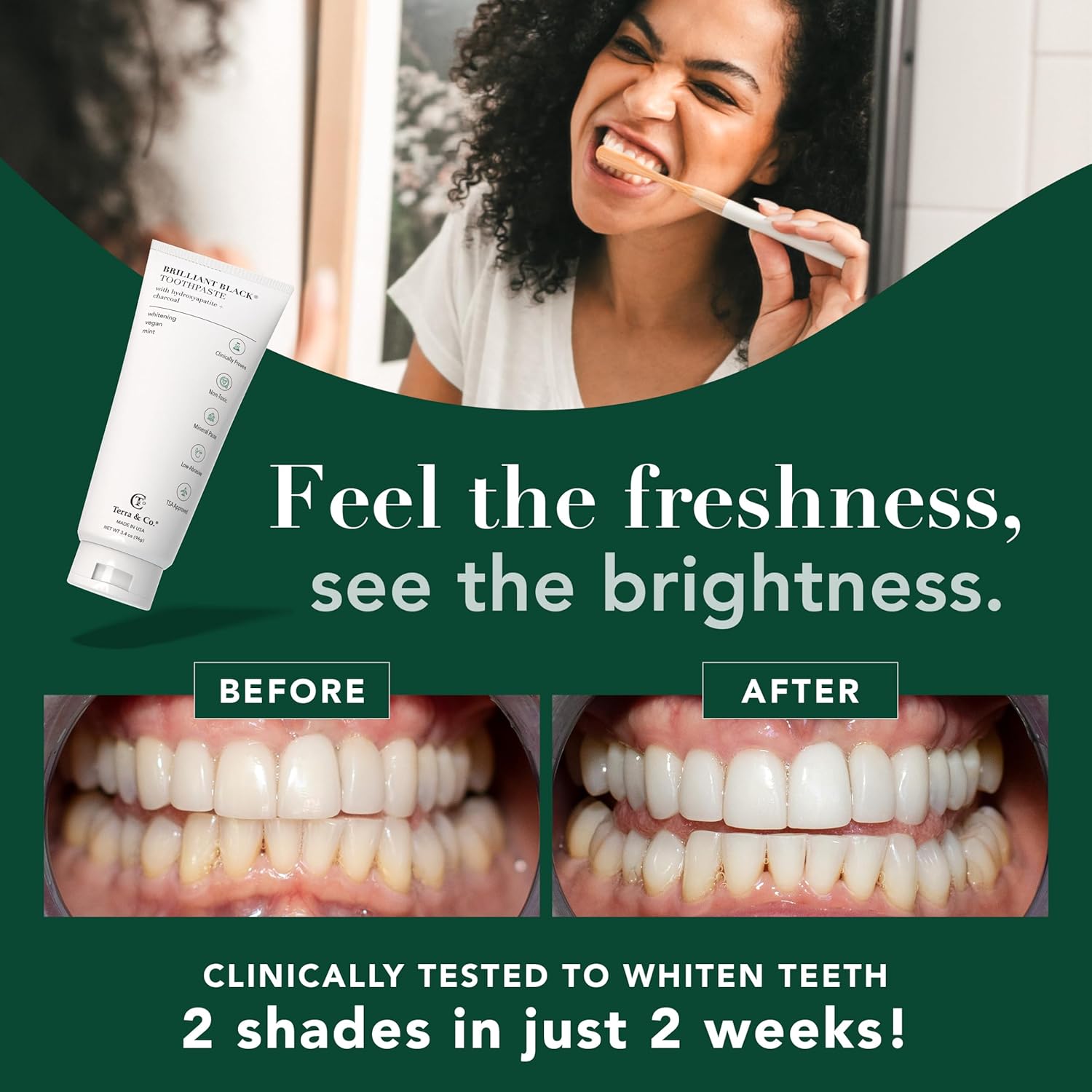 Terra & Co. Brilliant Black Hydroxyapatite Toothpaste for Whitening Teeth – USA-Made - Natural Remineralizing Toothpaste, Fluoride-Free, Vegan, SLS-Free, Low Abrasion – Mint, 3.4 oz - Image 4