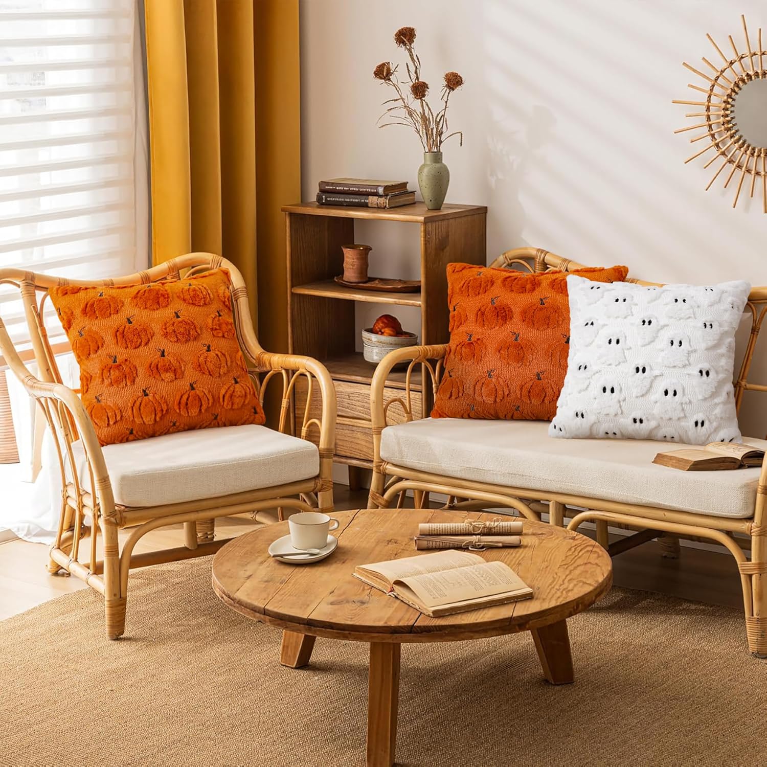 Pumpkin Ghost Halloween Pillow Covers Set of 2 Rust Red Fall Soft Plush Faux Fur Pillowcase Decorations for Sofa Couch Bed Living Room (Orange Pumpkin, 18" x 18")