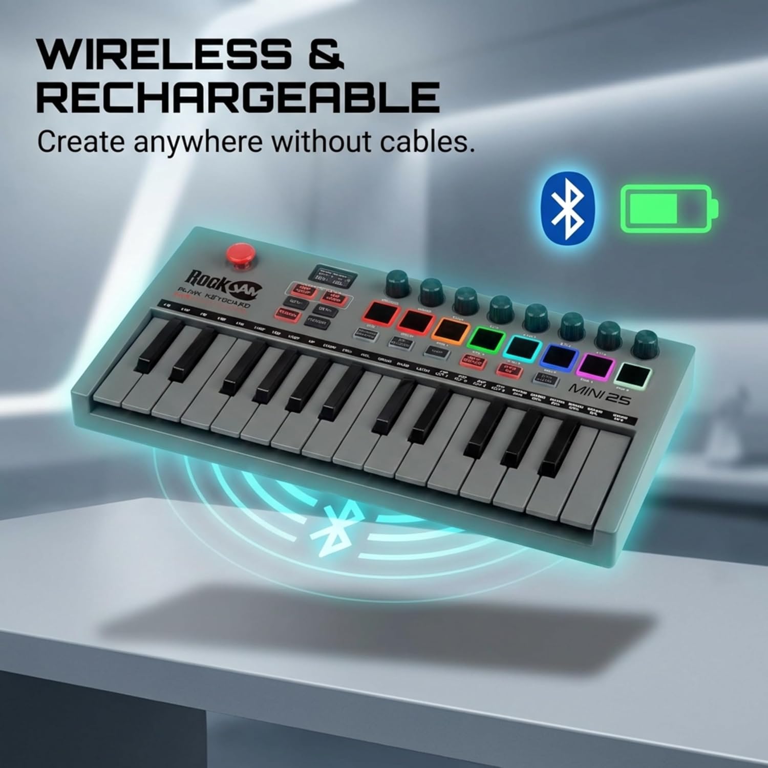 RockJam 25-Key Rechargeable USB MIDI Keyboard Controller – Mini Piano Keyboard with Velocity-Sensitive Pads, Synth Controller, Bluetooth/Wired MIDI, Arpeggiator, DAW Compatible