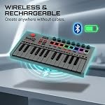 RockJam Rechargeable 25-Key Bluetooth Midi Keyboard Controller with 8 Backlit Drum Pads & 8 Knobs. | Rechargeable USB MIDI controller with 25 velocity sensitive mini keys, 8 backlit drum pads and 8 control knobs