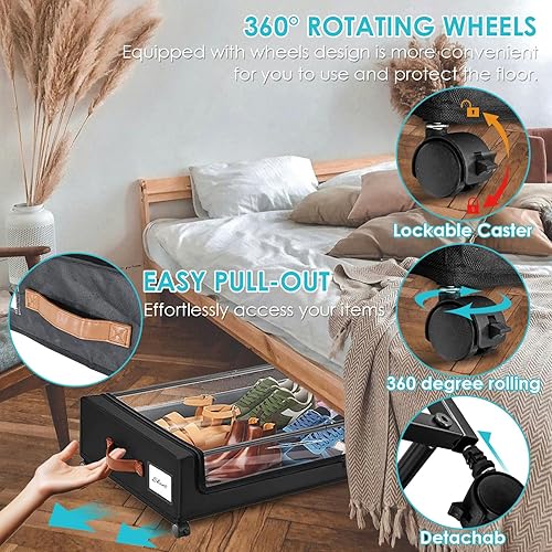 Miniatura 4 de Paquete de 2 unidades de almacenamiento debajo de la cama con ruedas, contenedor de almacenamiento debajo de la cama, cajón de metal enrollable