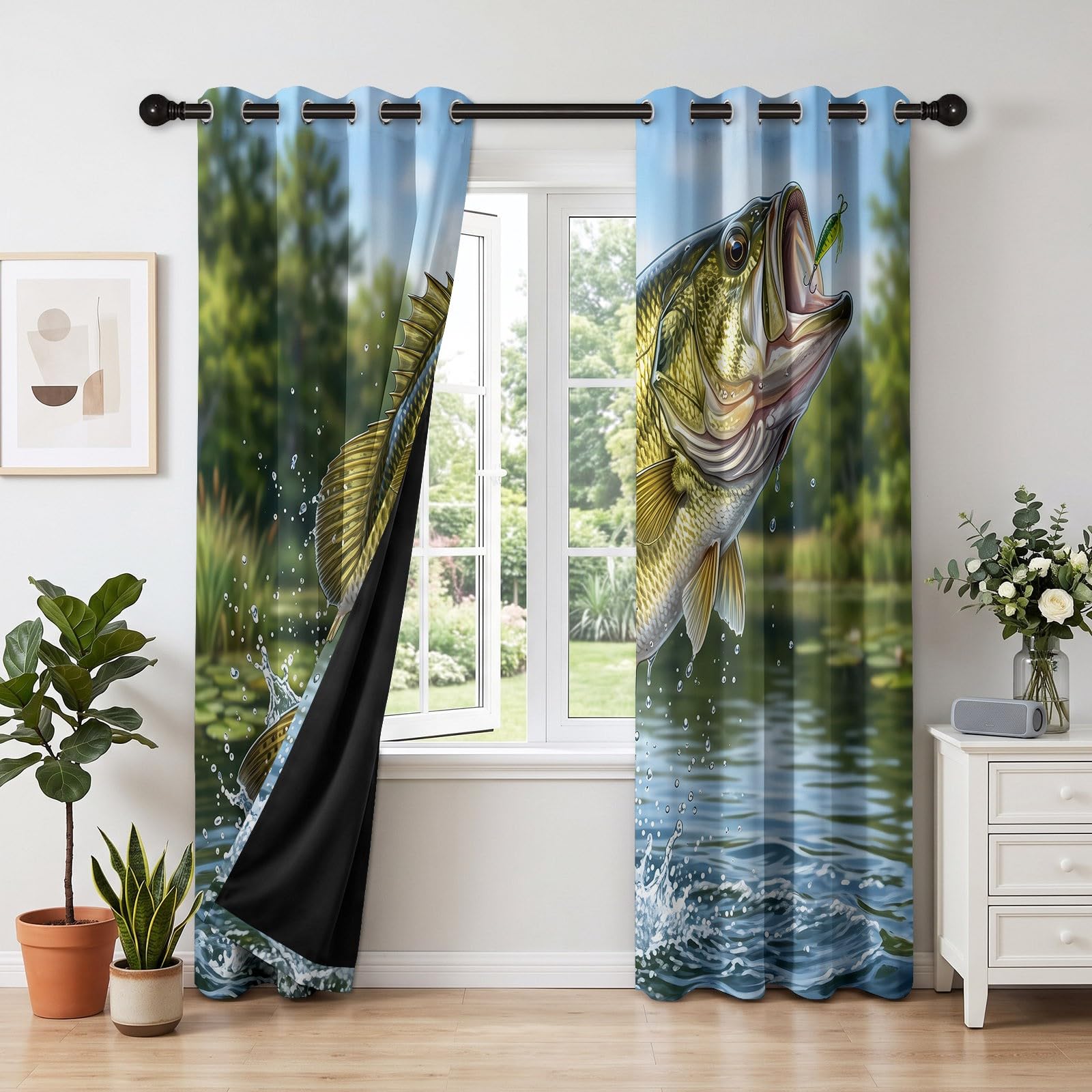 Realistic Wildlife - Cortinas 100 % opacas, 2 paneles, 46 pulgadas de ancho x 54 pulgadas de largo, para entusiastas de la pesca de lubina, con ojales, aislamiento térmico, ahorro de energía, para