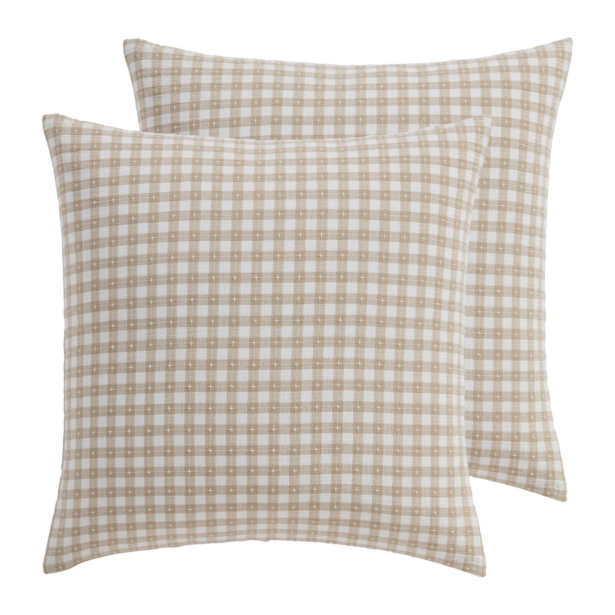 Levtex Home - Camden Gingham Stitch Euro Sham Set of 2 - Textured Gingham - Taupe and Cream - Reversible - Cotton - Tie Closure Back - Pillow Inserts Not Included