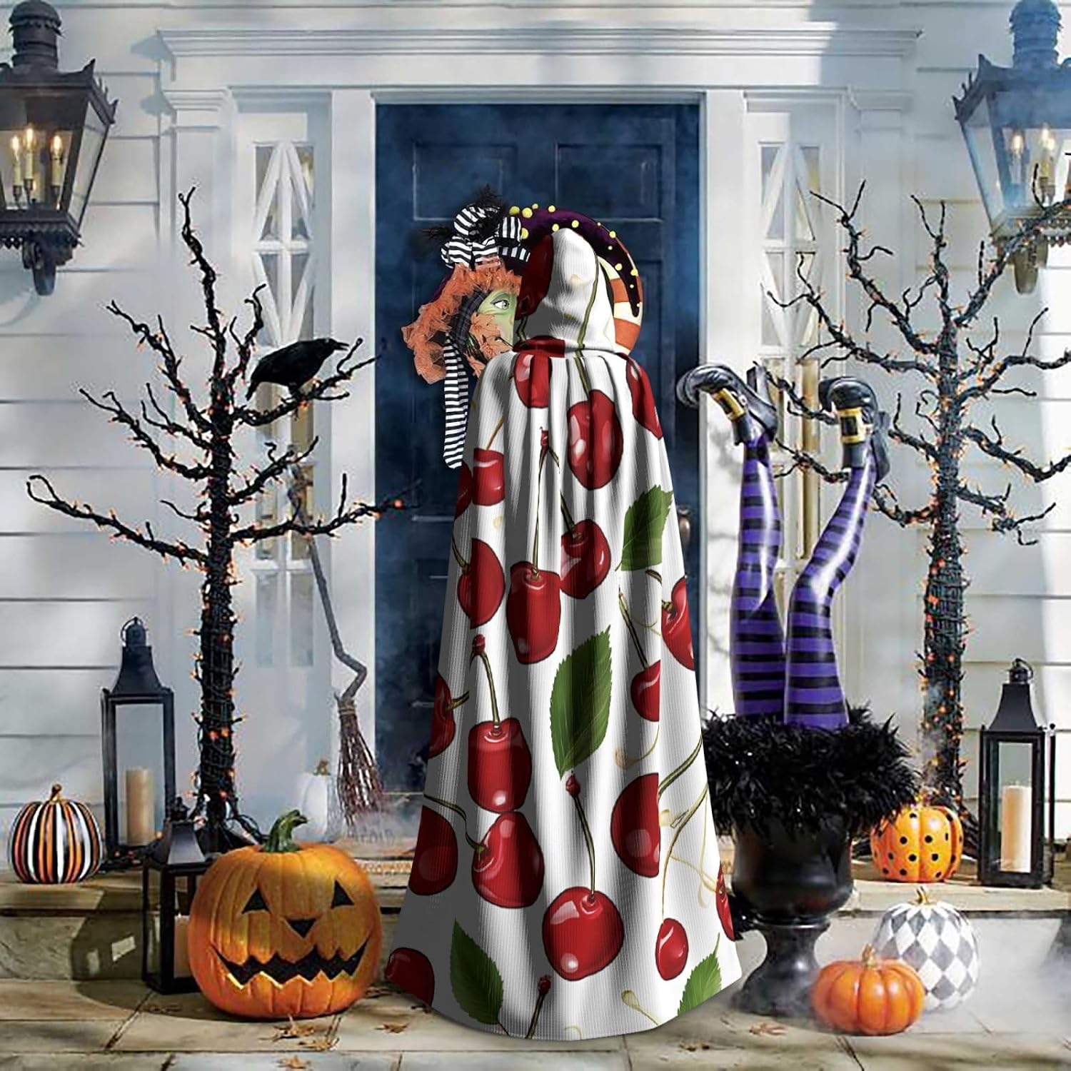 Red Cherries Full Length Hooded Cape Cloak Halloween Cosplay Costume Robe for Adults