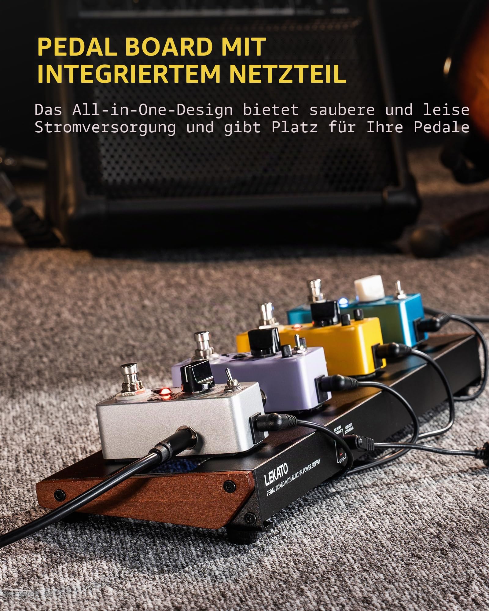 LEKATO Gitarren-Pedalboard mit integriertem Netzteil, 39,4 x 13 x 4 cm Kompaktes Effektpedalboard, Leichter Aluminiumrahmen, für Gitarristen und Bassisten (PB-01S)